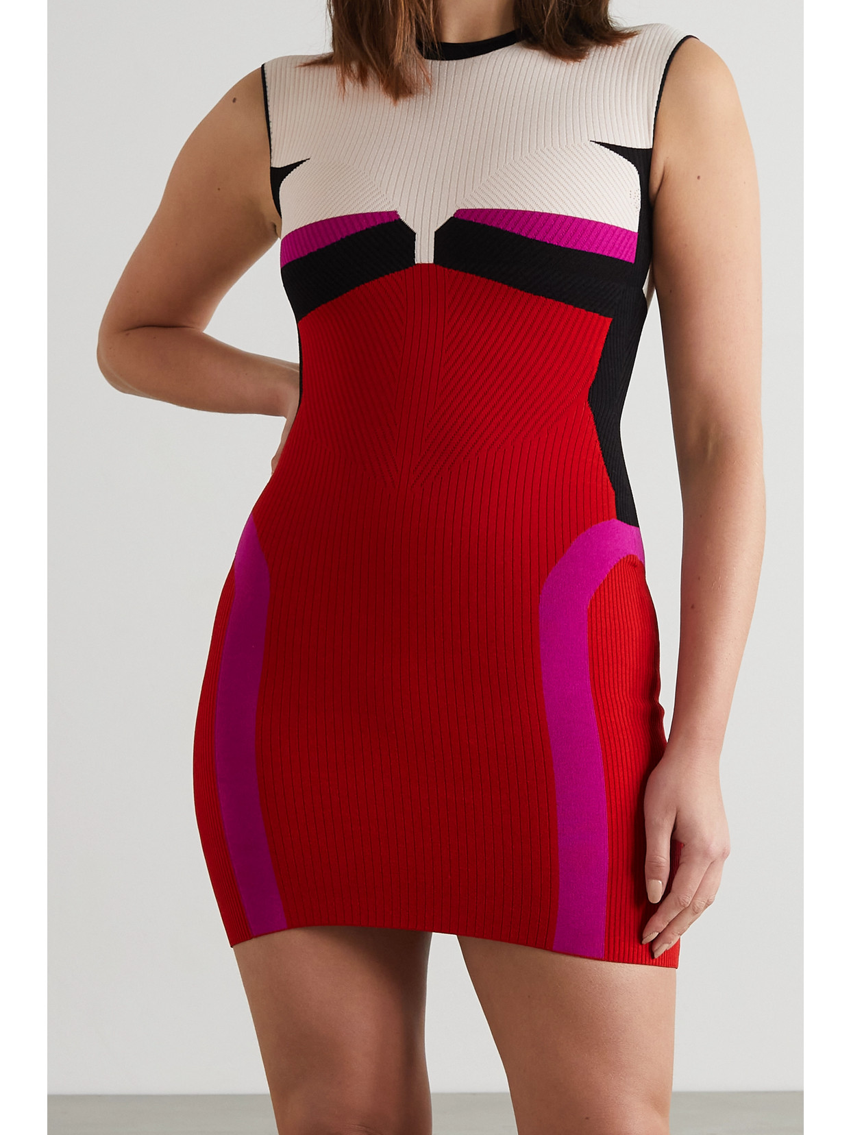 Shop Az Factory Your Body Color-block Ribbed Stretch-knit Mini Dress In Red