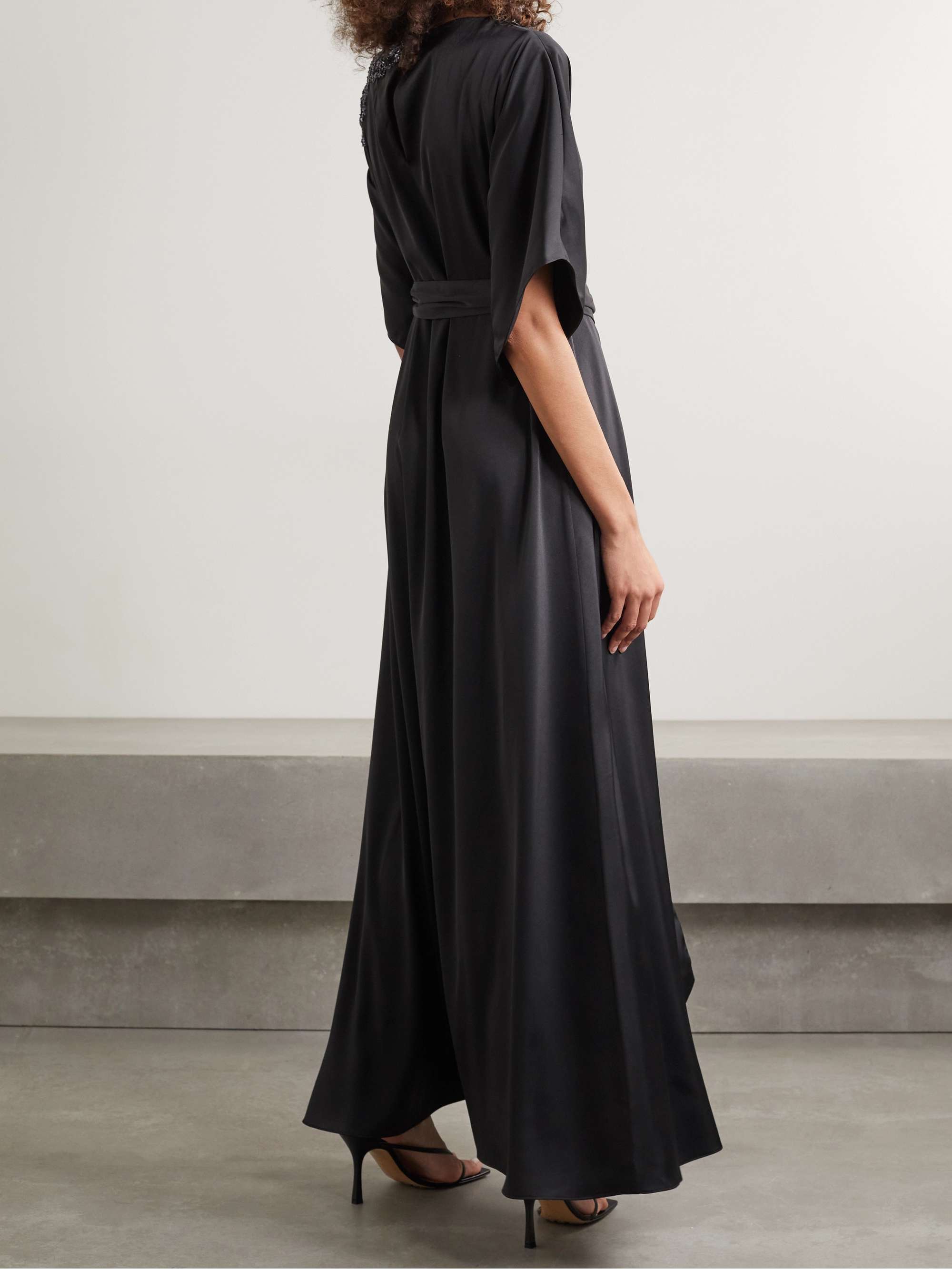 MARCHESA NOTTE Belted embellished tulle-trimmed satin gown