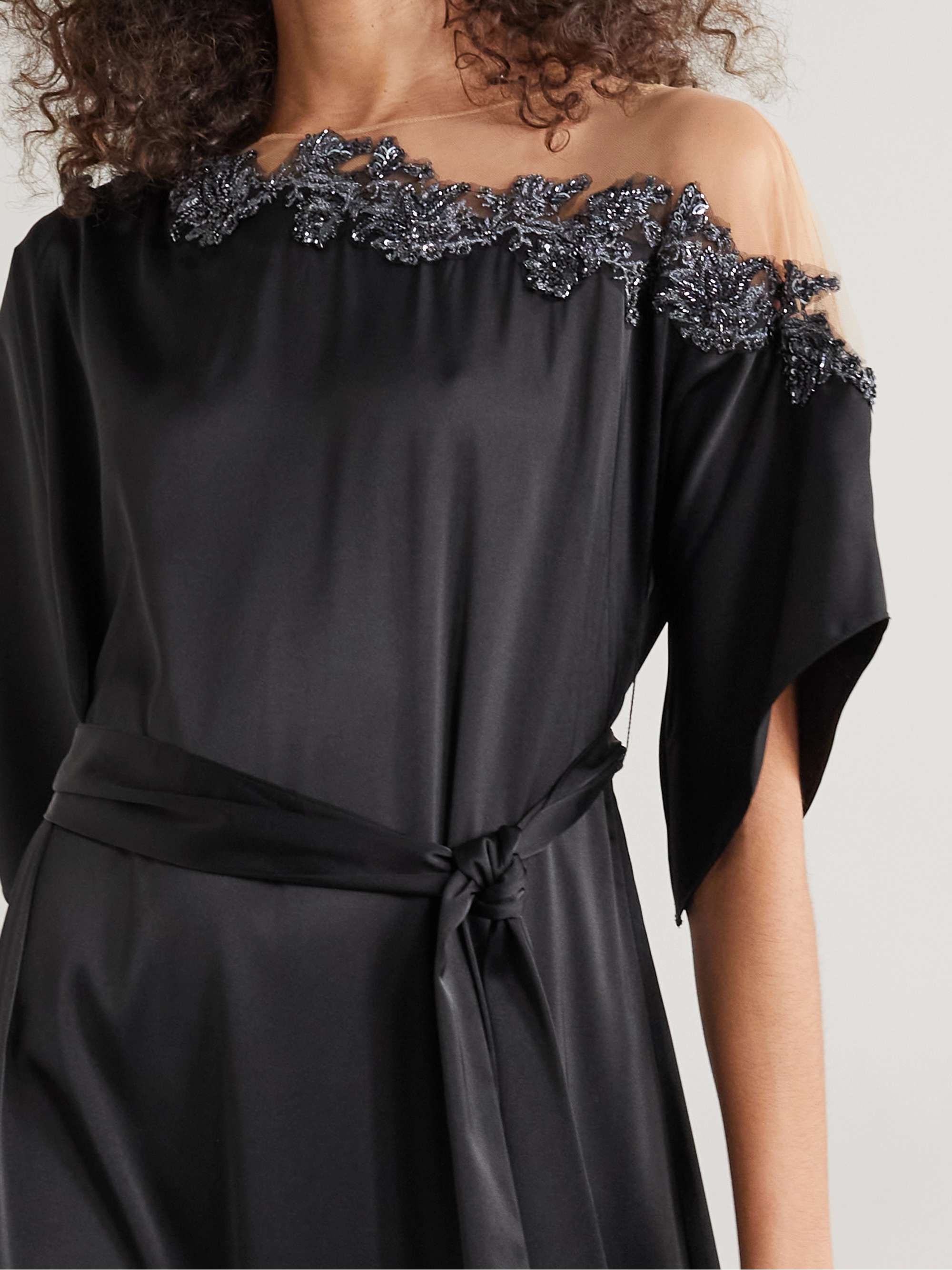 MARCHESA NOTTE Belted embellished tulle-trimmed satin gown