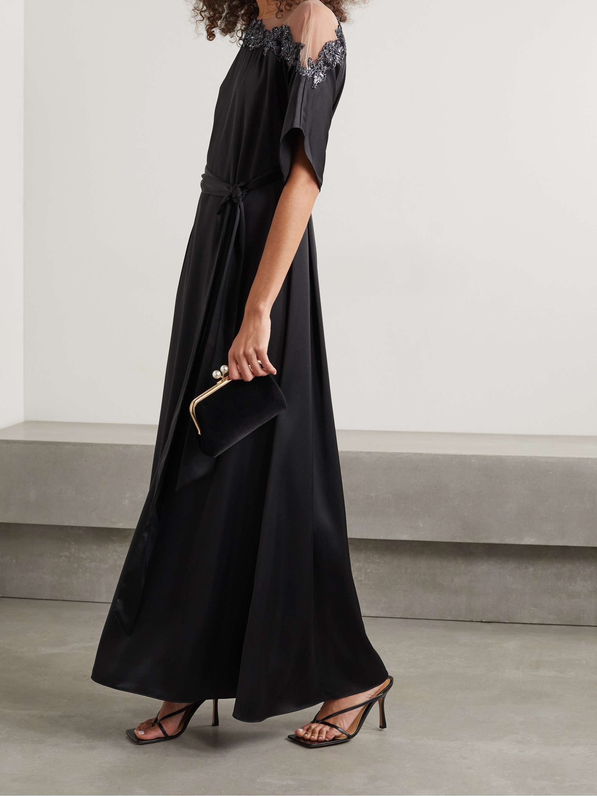MARCHESA NOTTE Belted embellished tulle-trimmed satin gown