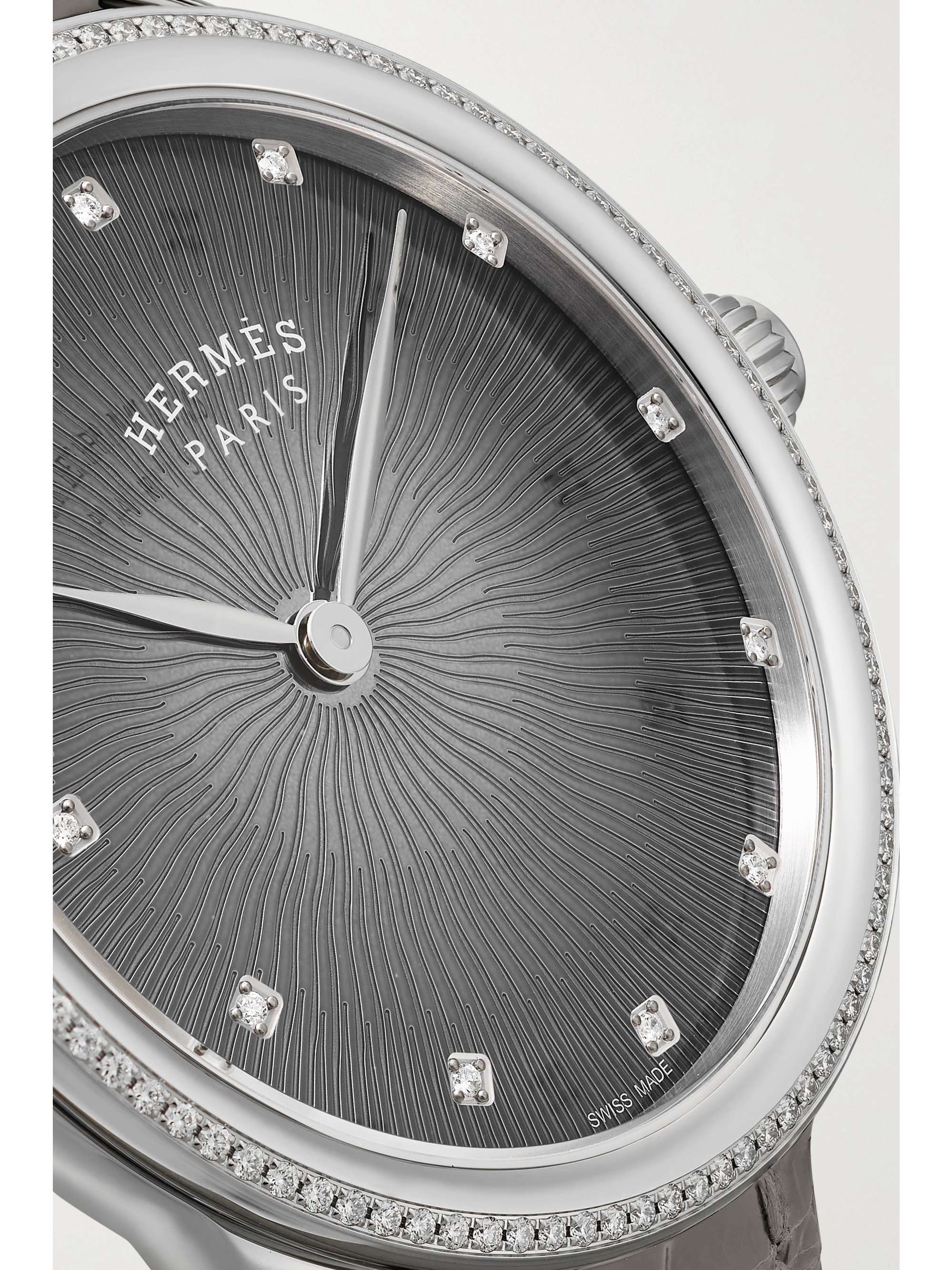 HERMÈS TIMEPIECES Arceau Soleil 36mm medium stainless steel, alligator and diamond watch