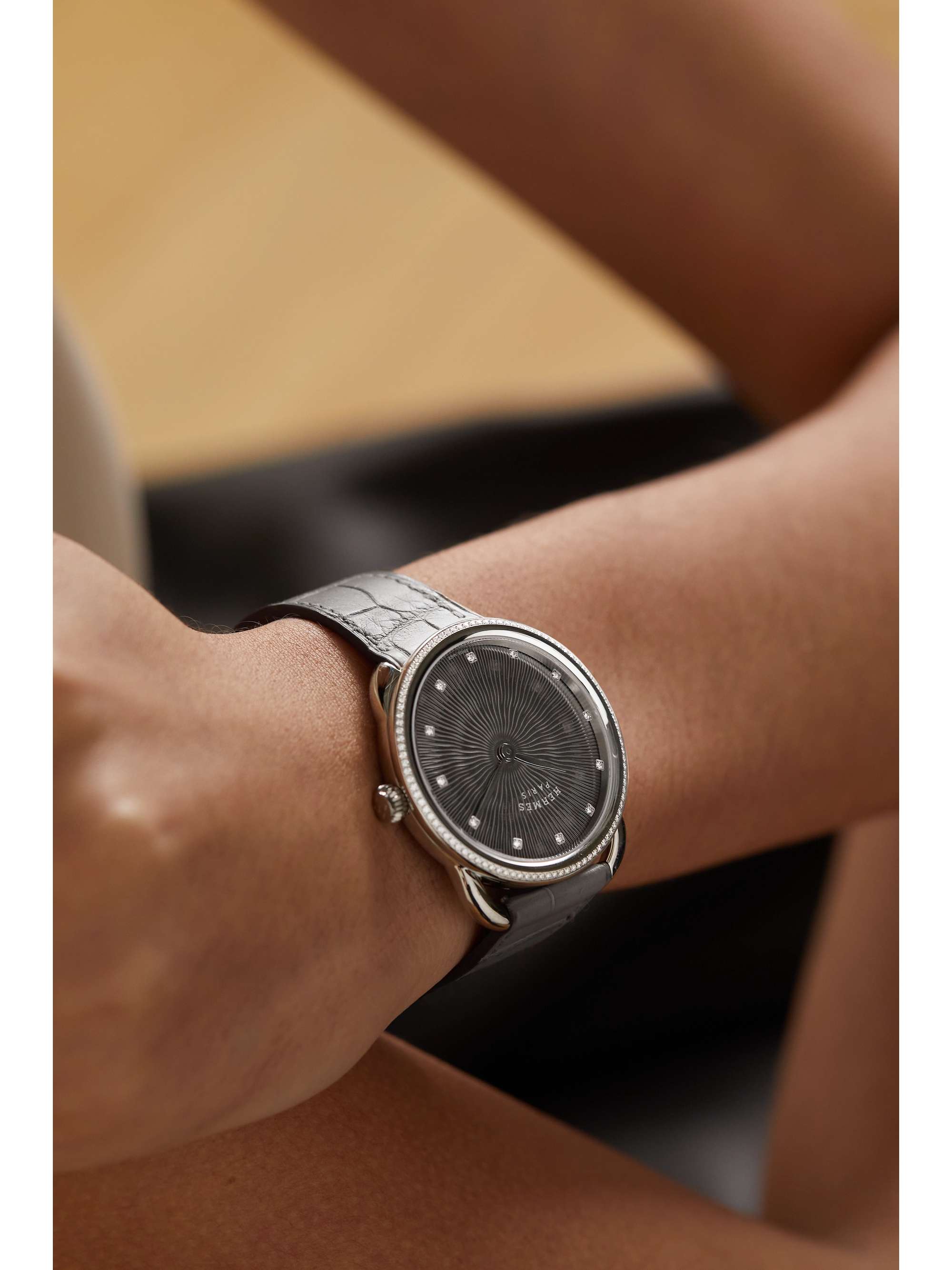 HERMÈS TIMEPIECES Arceau Soleil 36mm medium stainless steel, alligator and diamond watch