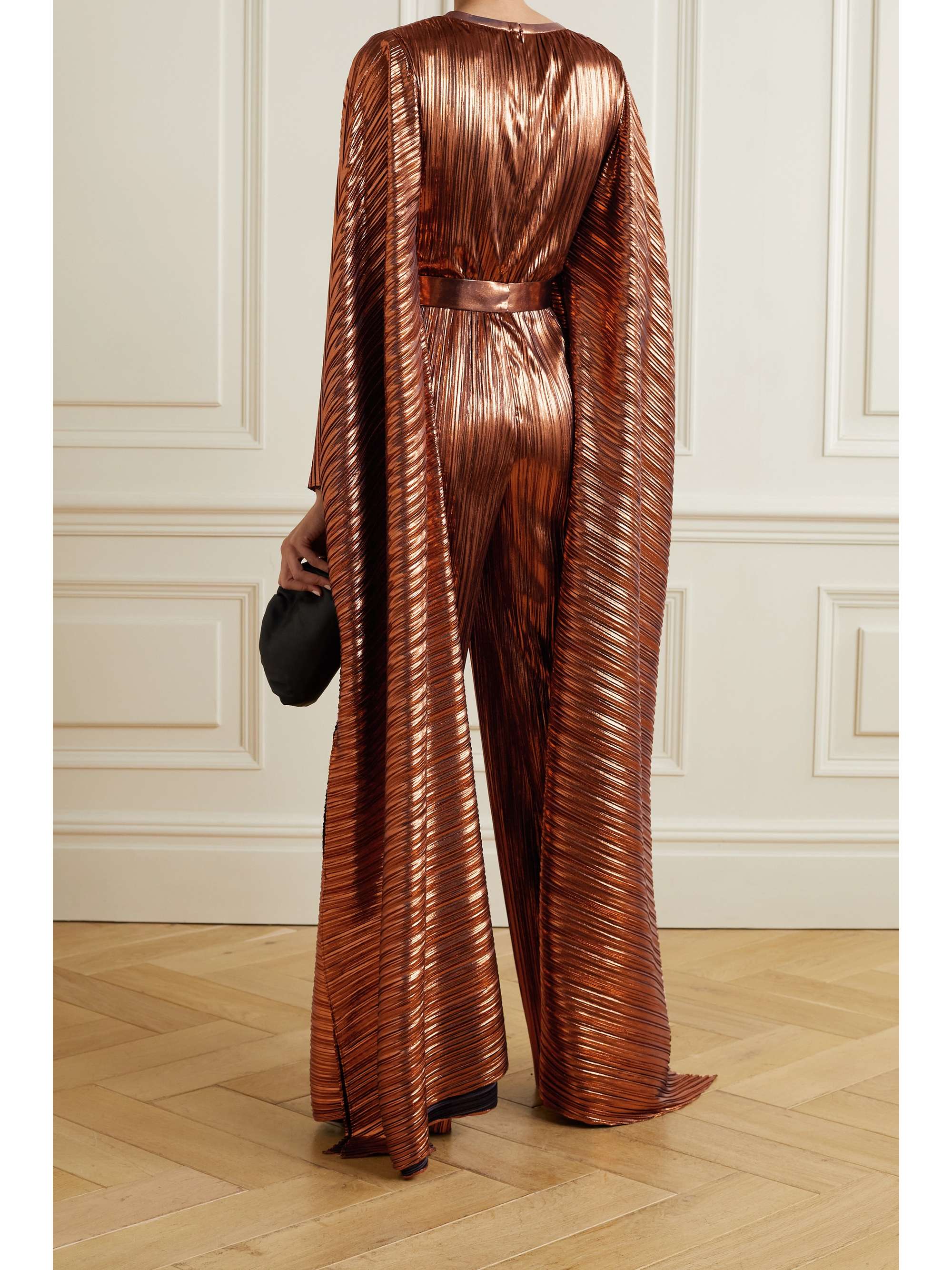 SEMSEM Belted draped plissé-lamé jumpsuit