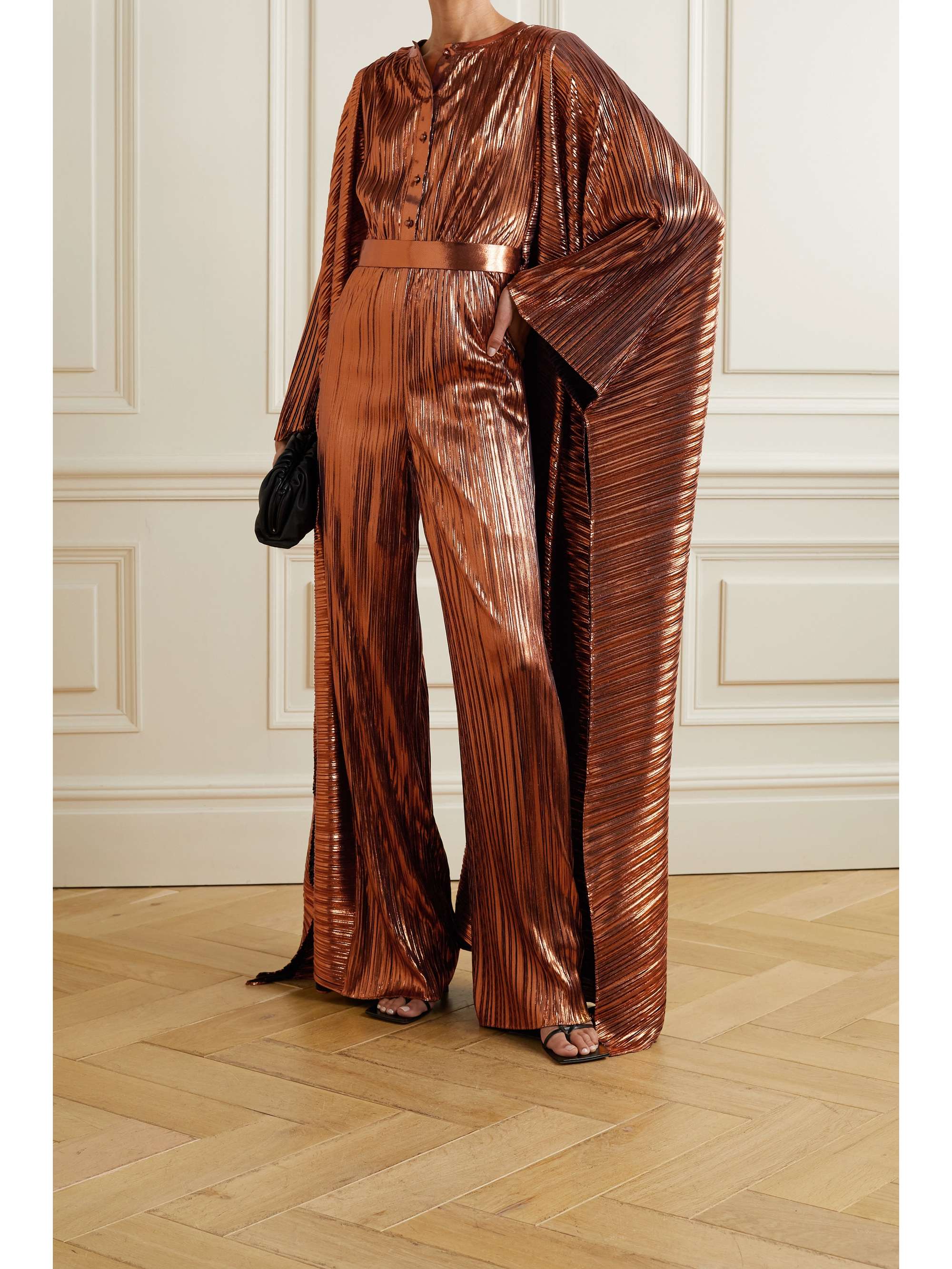 SEMSEM Belted draped plissé-lamé jumpsuit