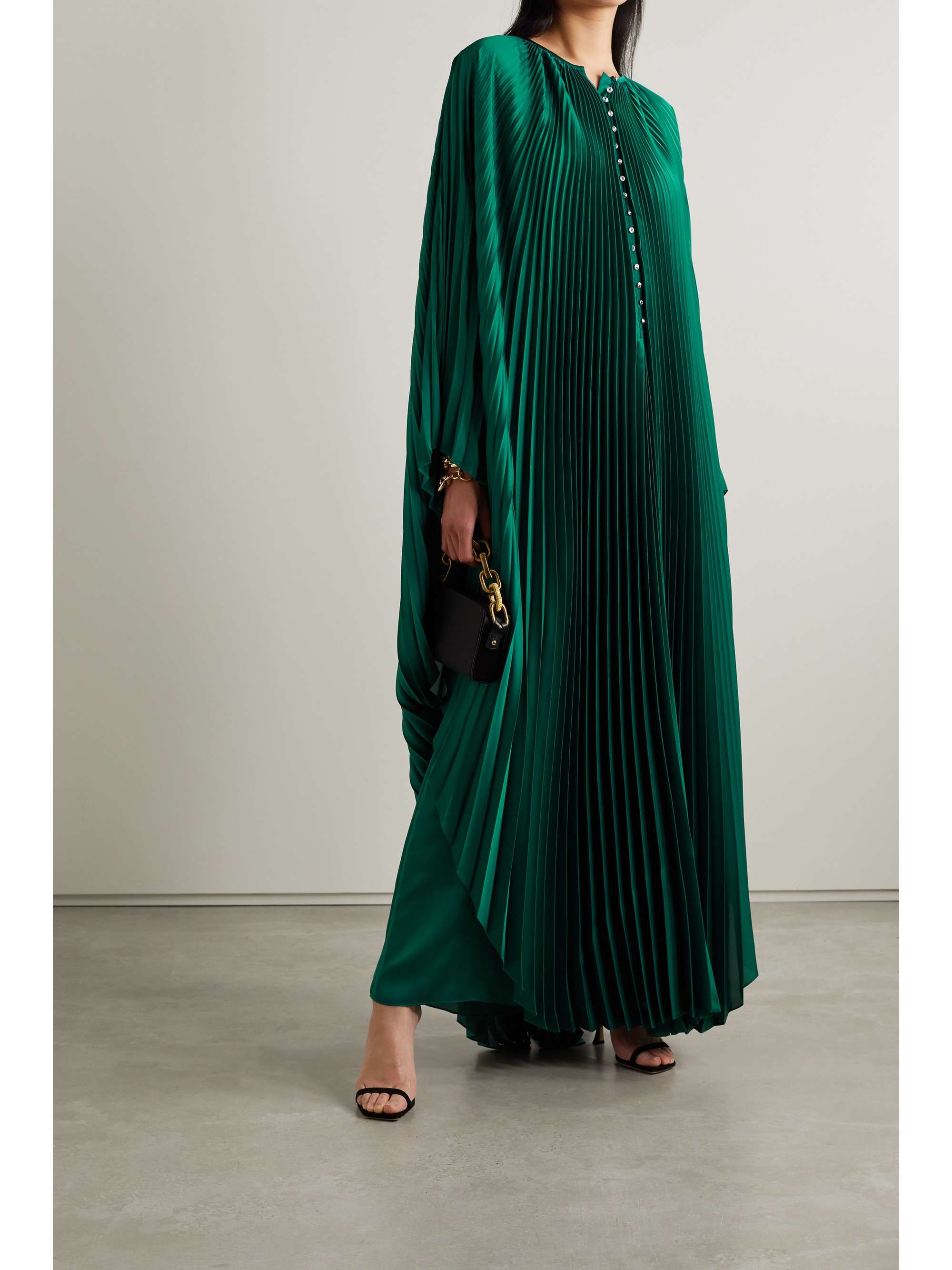 SEMSEM Crystal-embellished plissé-satin maxi dress