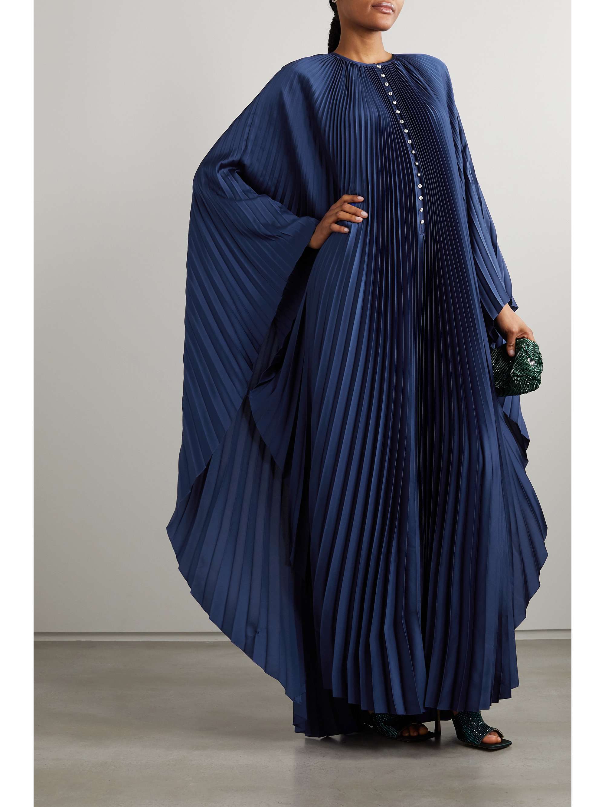 SEMSEM Crystal-embellished plissé-satin maxi dress