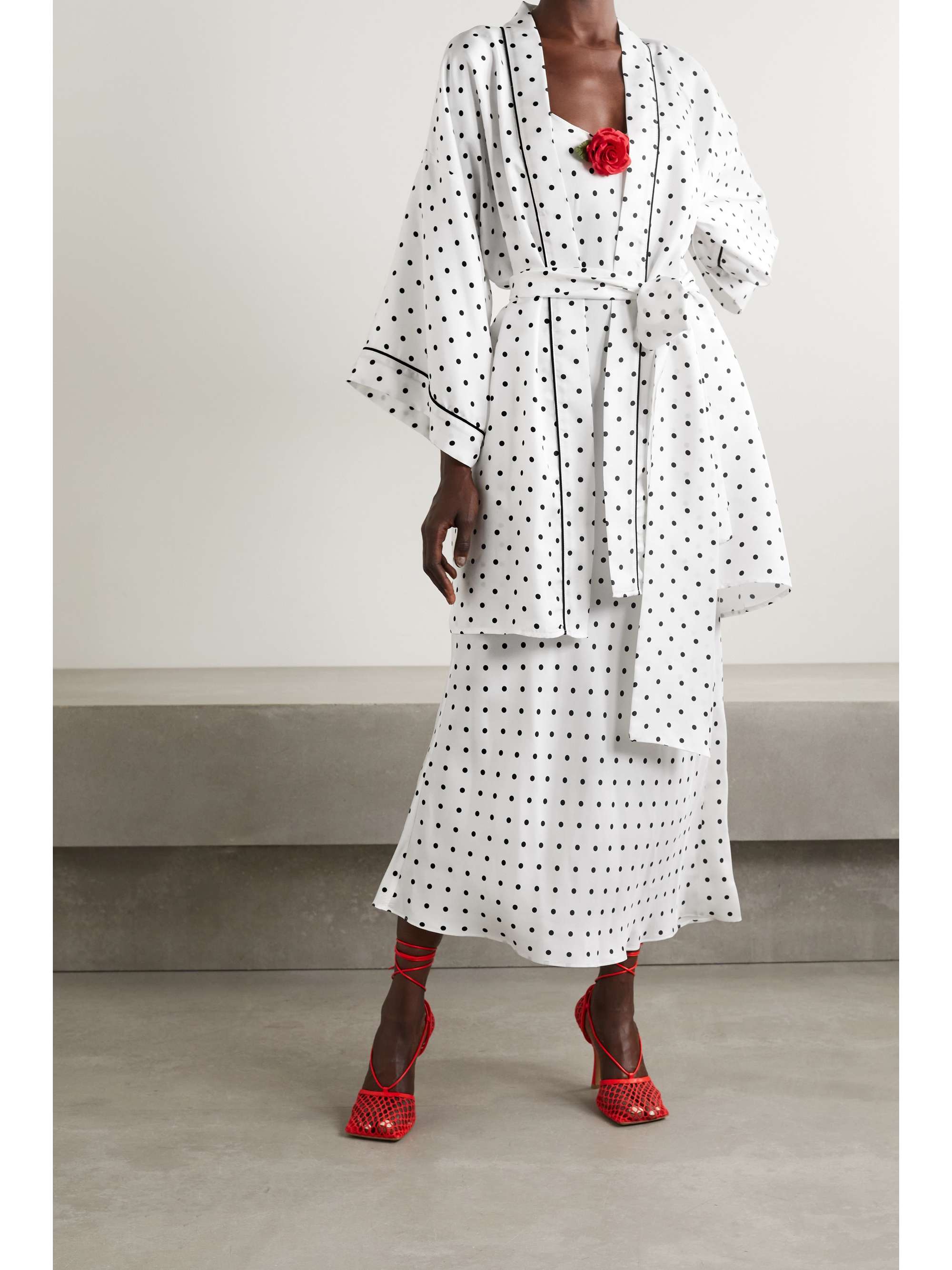 RODARTE Belted polka-dot silk-twill robe
