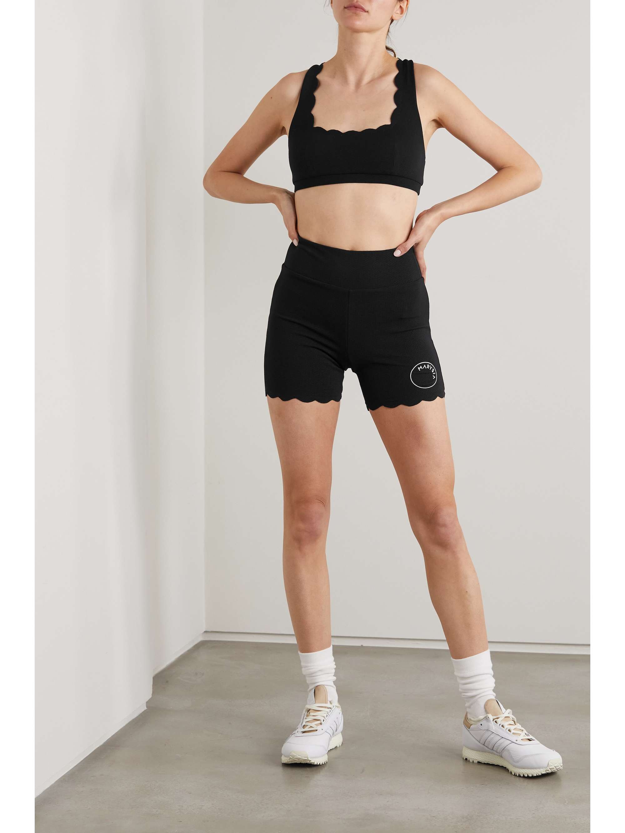 MARYSIA + NET SUSTAIN Serena scalloped stretch recycled-seersucker sports bra