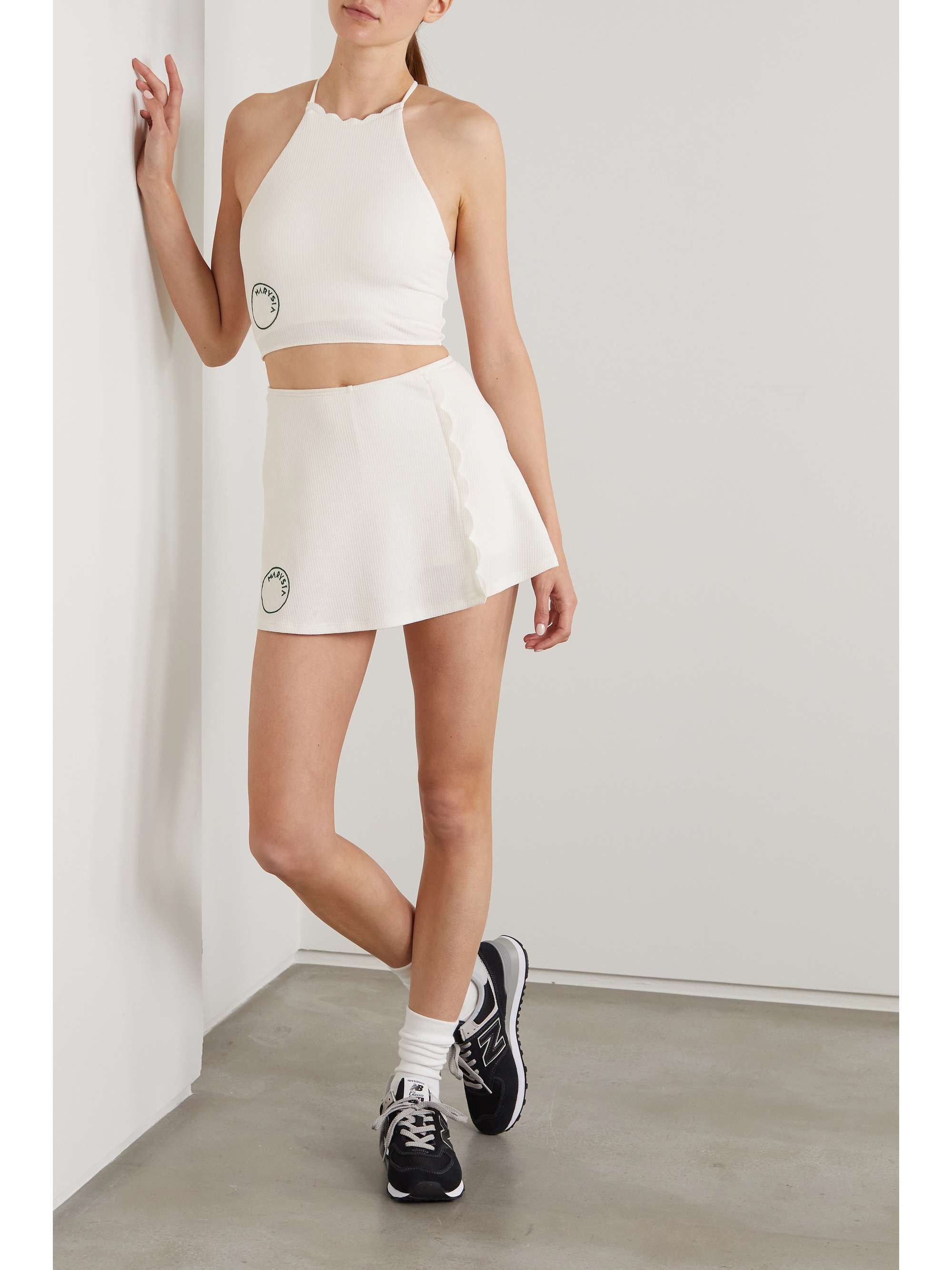 MARYSIA + NET SUSTAIN Steffi scalloped stretch recycled-seersucker sports bra