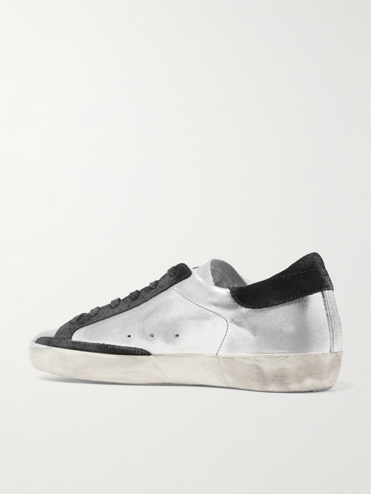 Shop Golden Goose Superstar Distressed Metallic Leather And Suede Sneakers In Silver