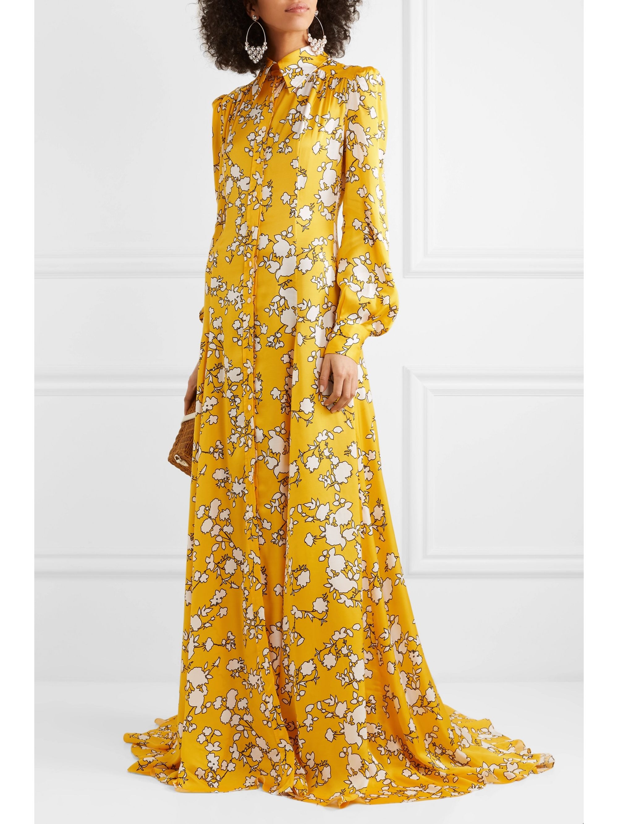 Yellow Floral-print satin-twill gown 