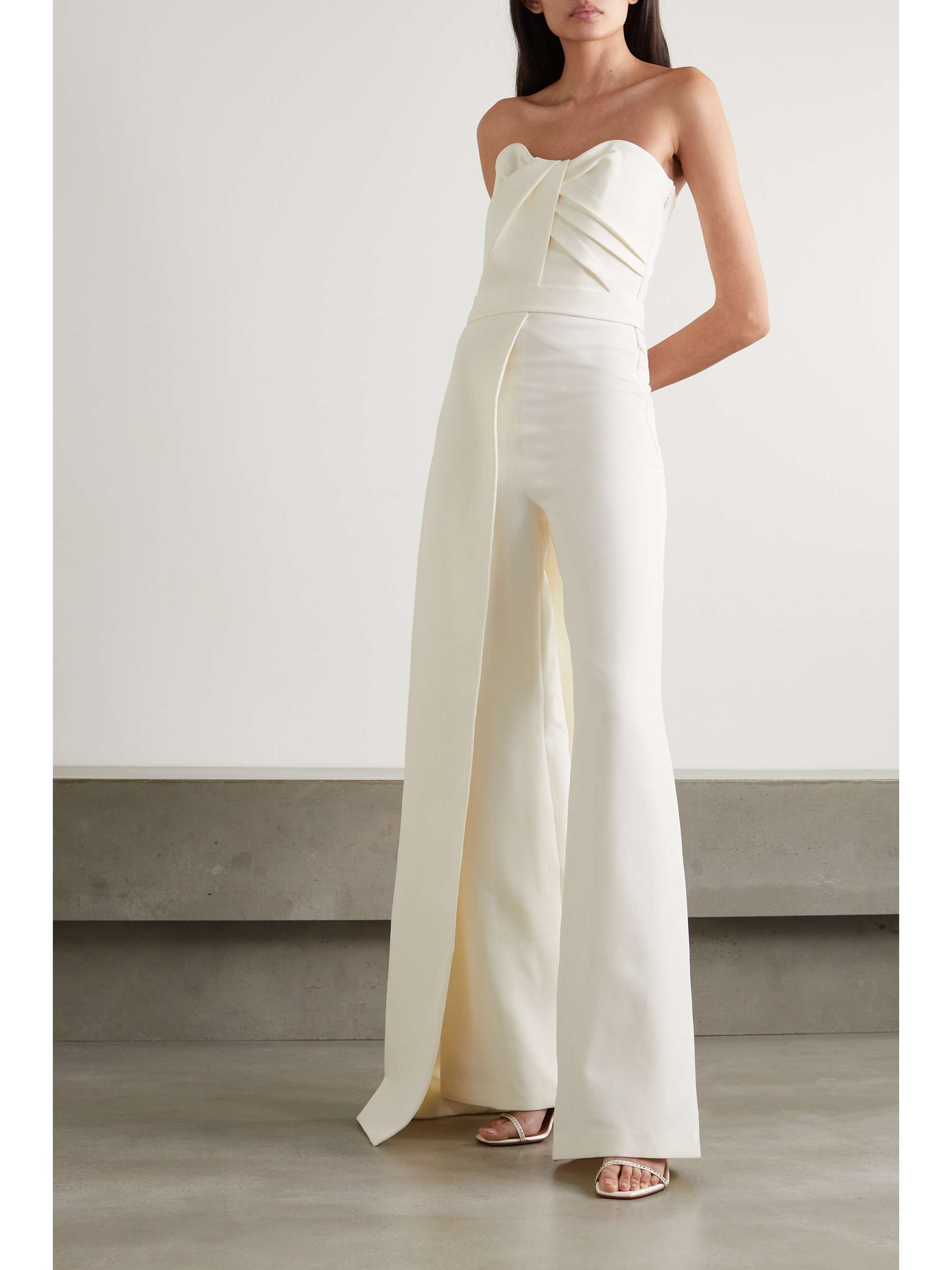 Designer White Strapless Rehearsal Dinner Jumpsuit with Draping Overlay and Wide Legs