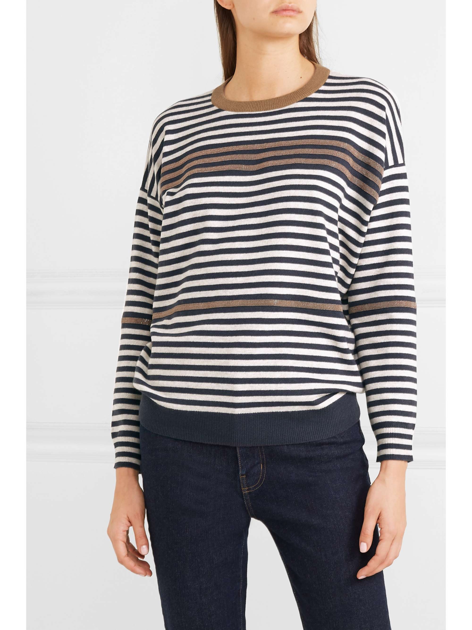 BRUNELLO CUCINELLI Embellished striped wool cashmere and silk sweater