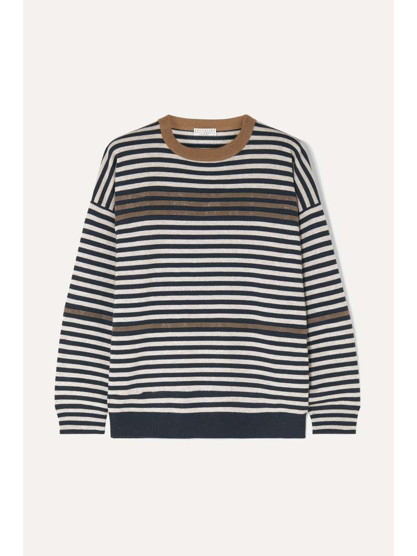 Brunello Cucinelli — Embellished striped wool cashmere and silk sweater
