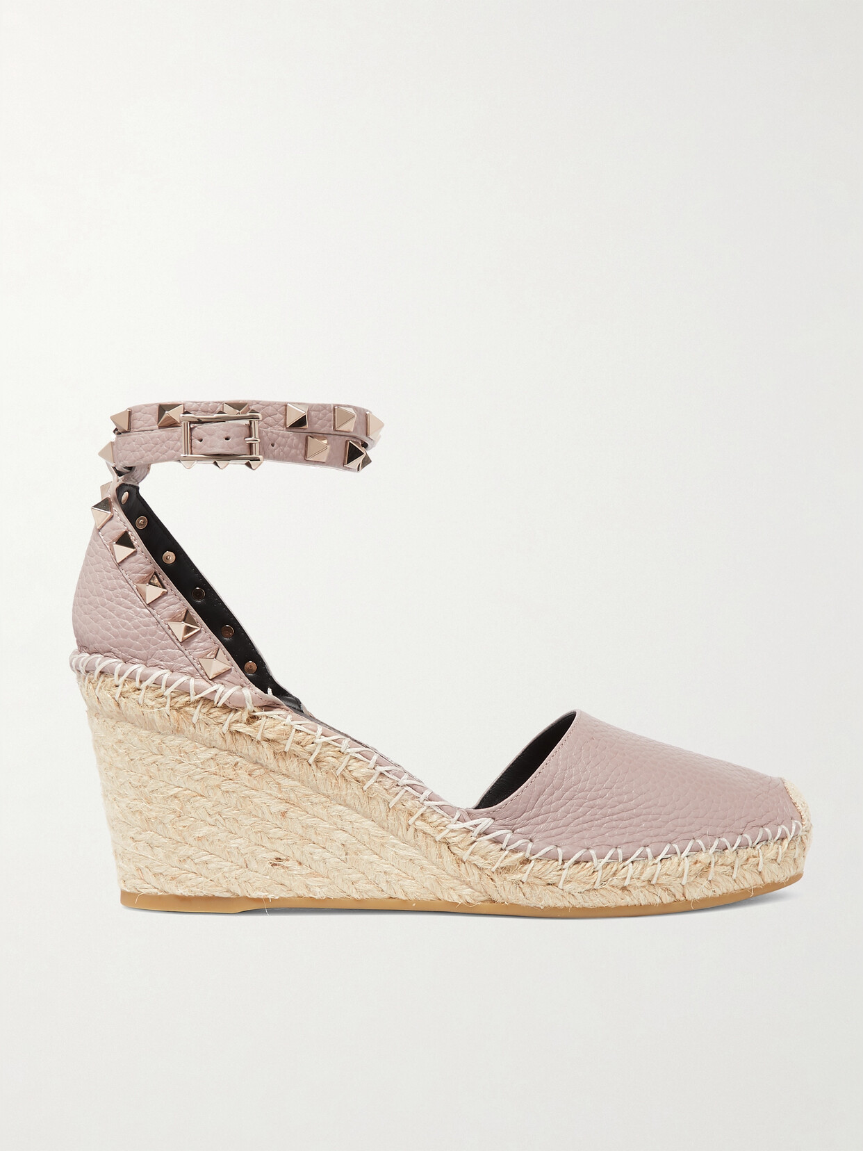 Shop Valentino Rockstud Double 85 Textured-leather Wedge Espadrilles In Pink