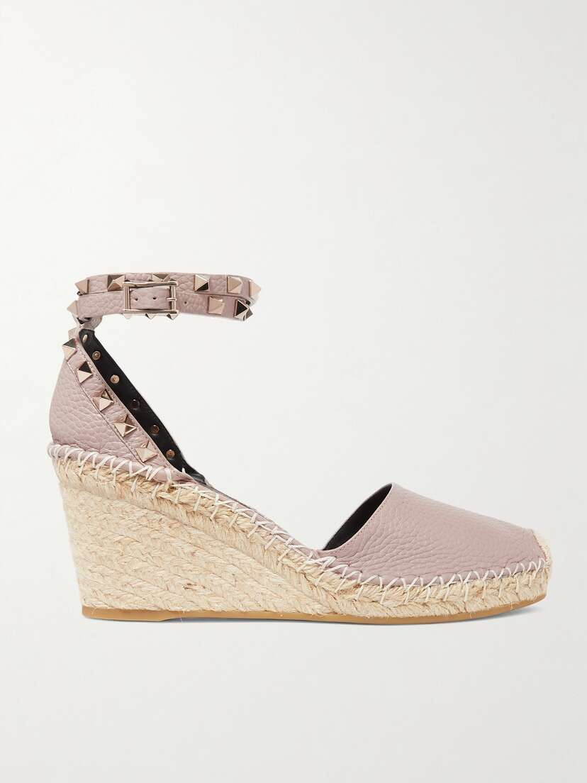 Valentino Garavani Rockstud Double 85 Textured-leather Wedge Espadrilles