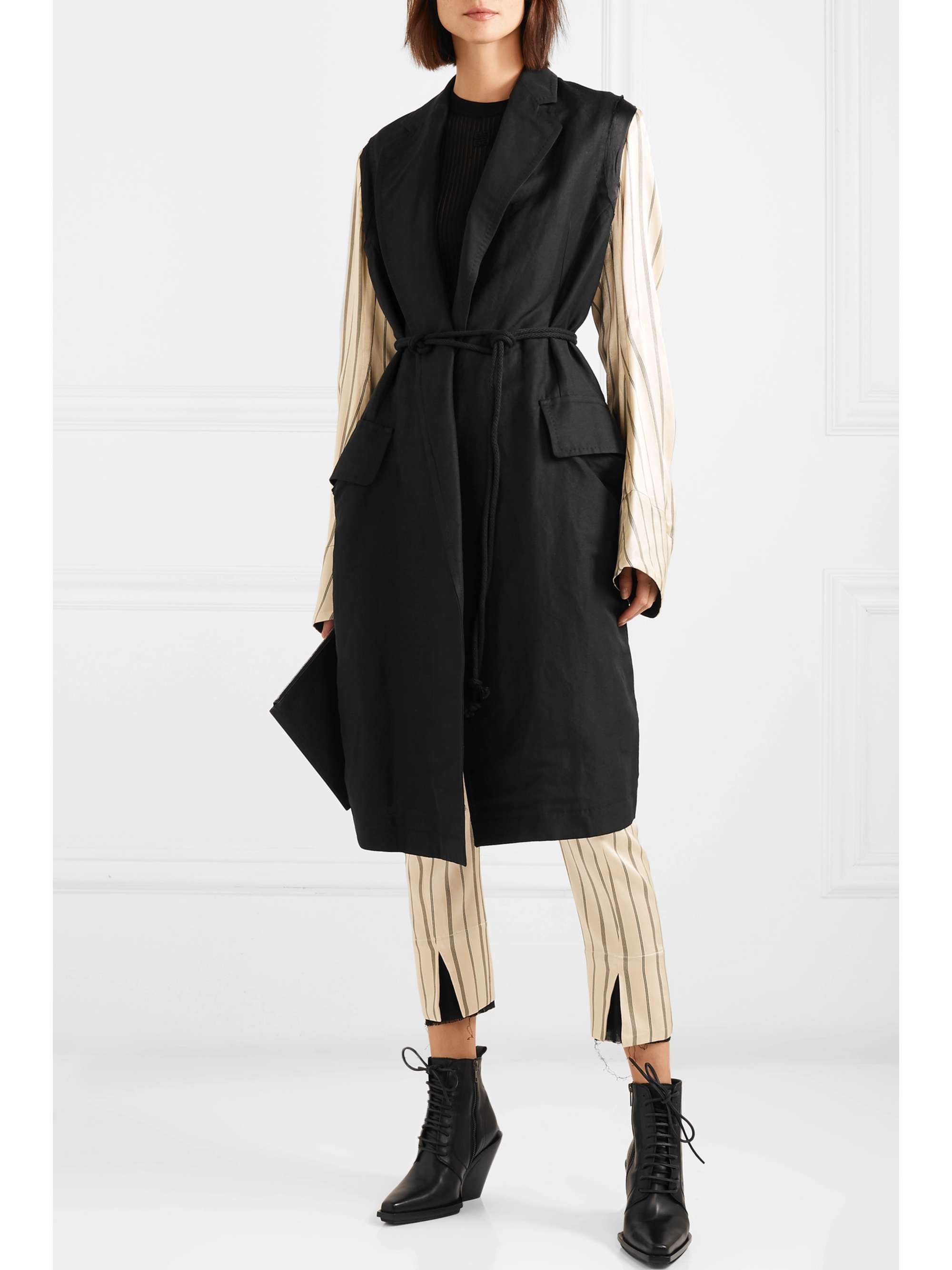 ANN DEMEULEMEESTER Satin-paneled linen-blend twill coat