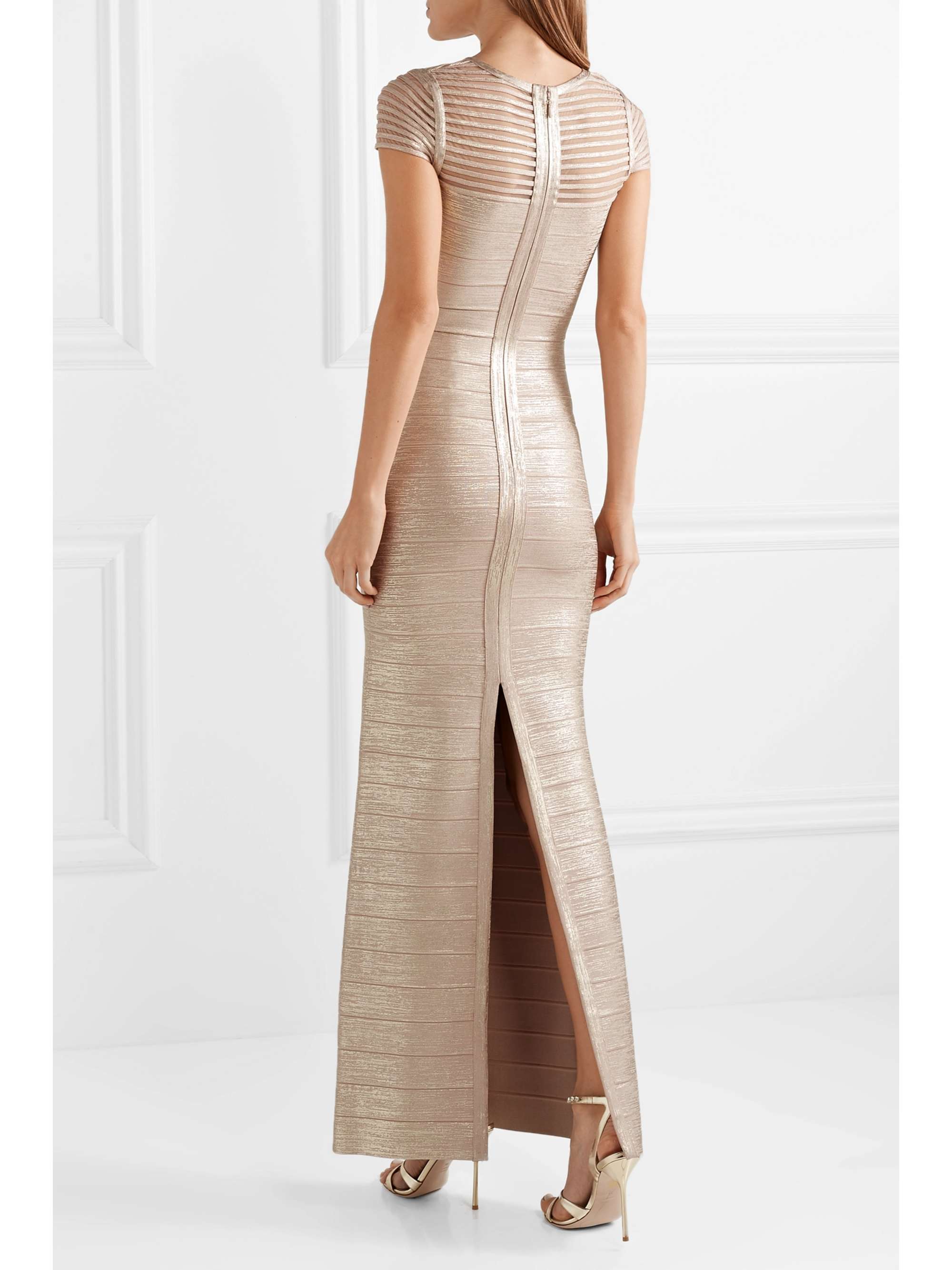 HERVÉ LÉGER Tulle-trimmed metallic bandage gown