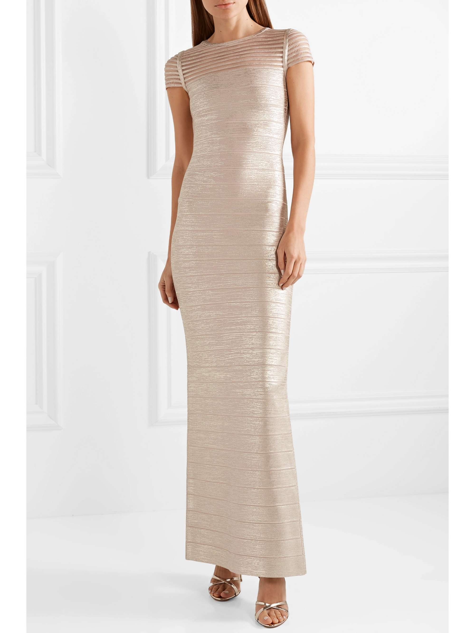 HERVÉ LÉGER Tulle-trimmed metallic bandage gown