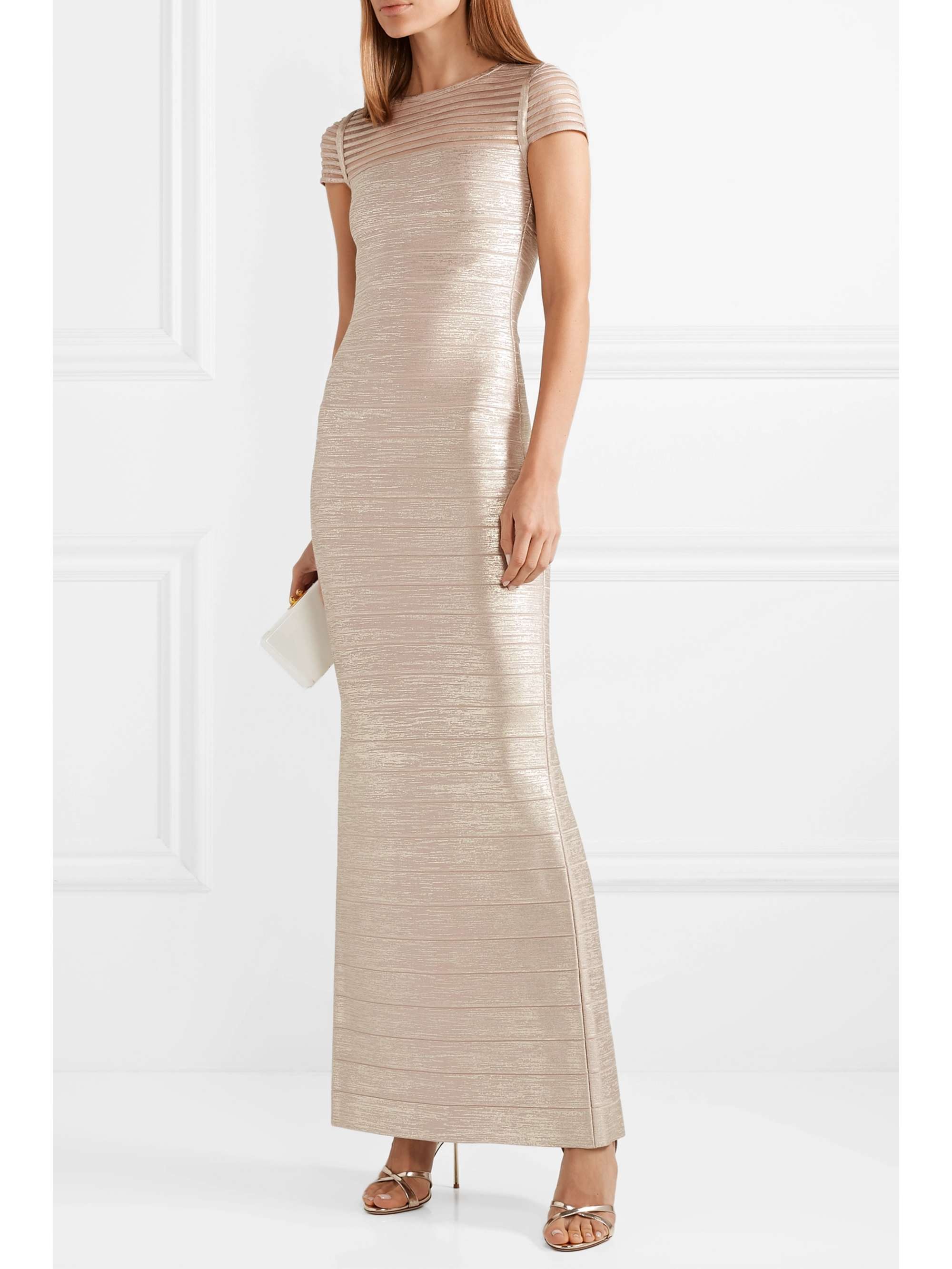 HERVÉ LÉGER Tulle-trimmed metallic bandage gown