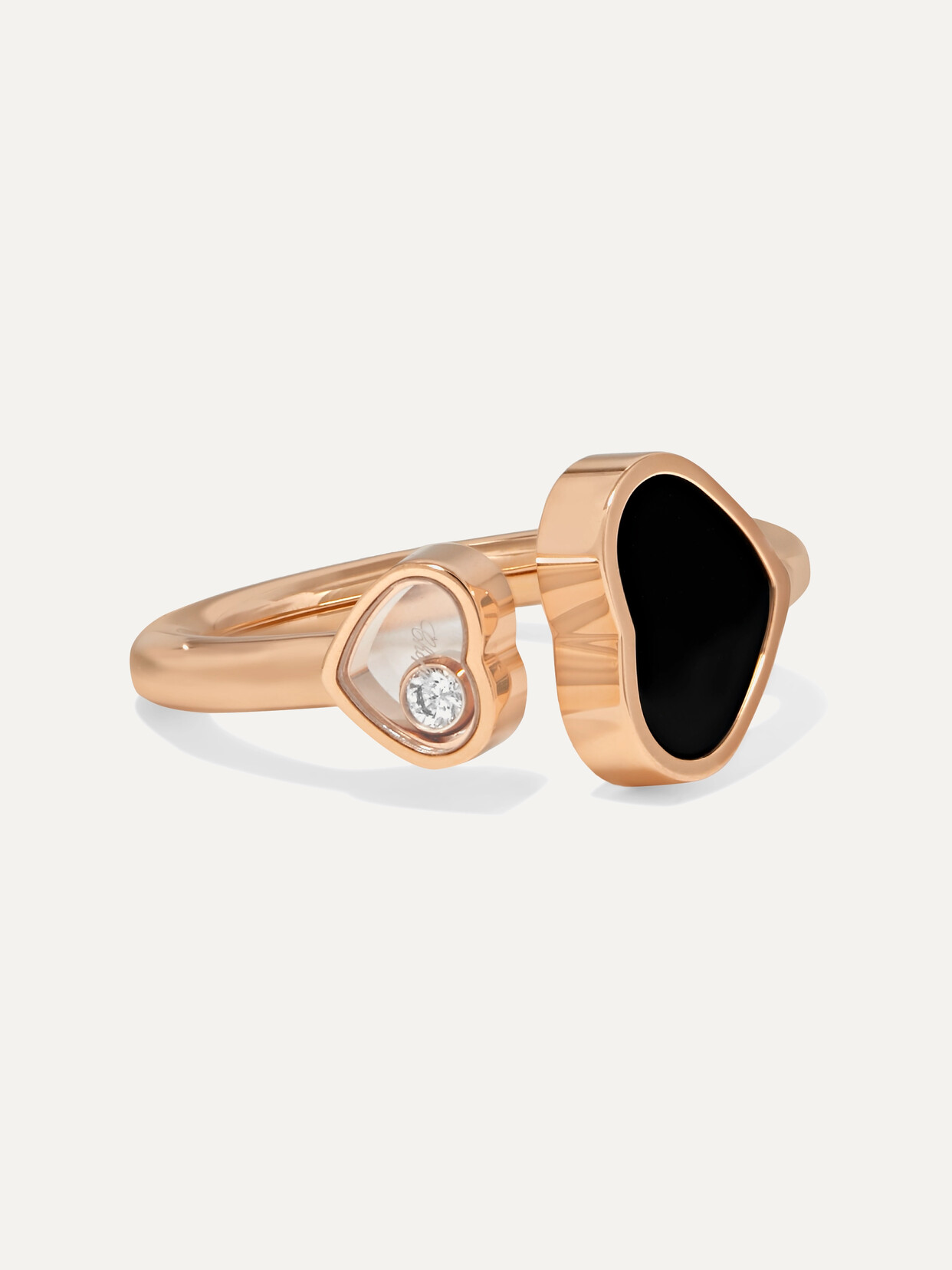 CHOPARD HAPPY HEARTS 18-KARAT ROSE GOLD, DIAMOND AND ONYX RING