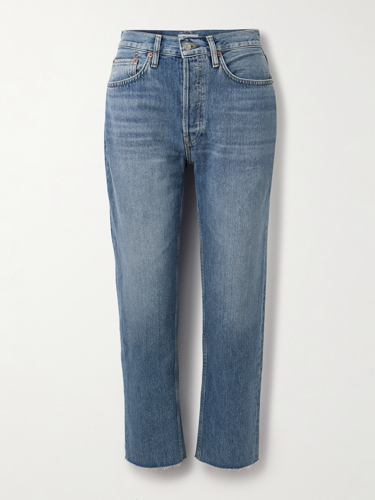 Re/done 70s High Rise Stove Pipe Straight-leg Jeans In Mid Denim