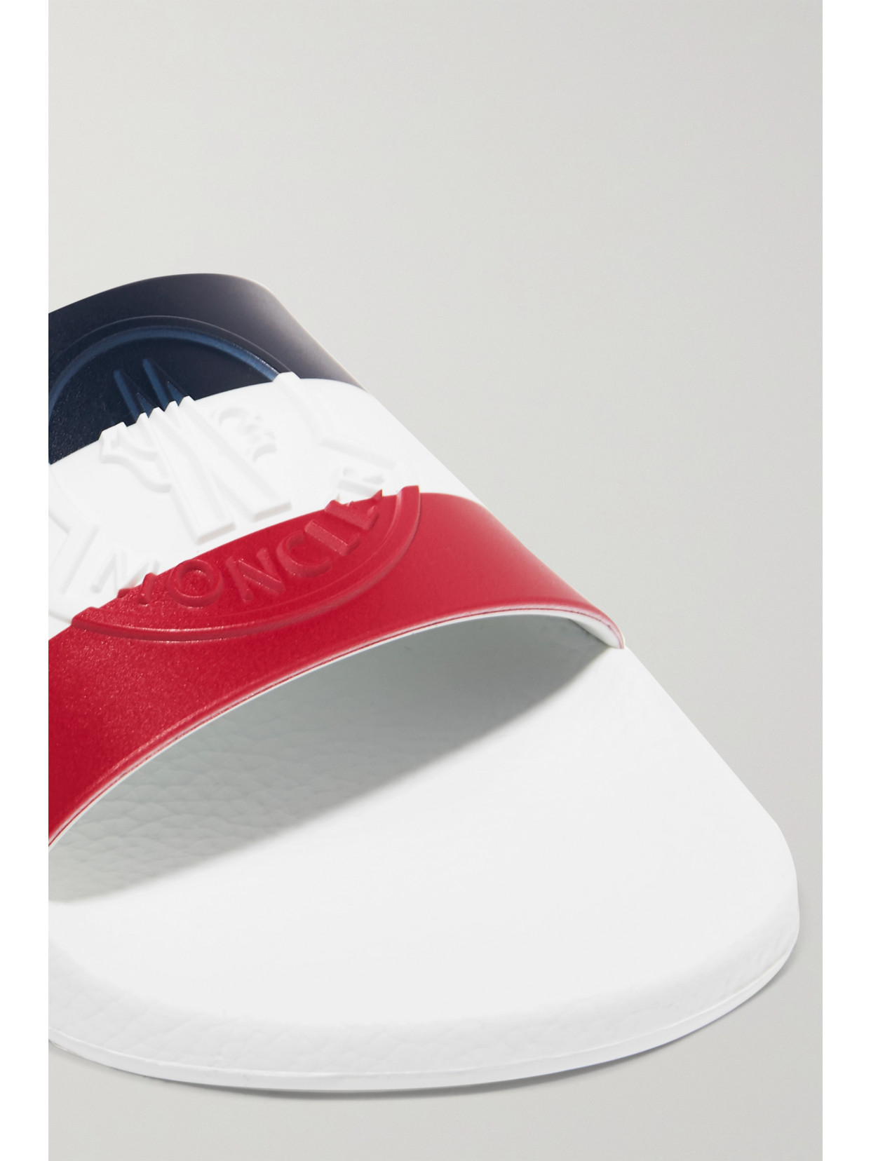 Shop Moncler Striped Rubber Slides In White