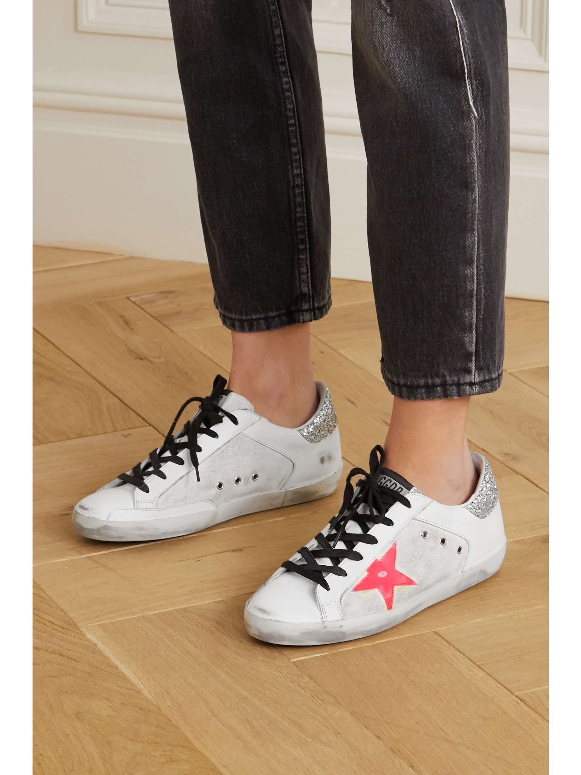 GOLDEN GOOSE Superstar distressed glittered leopard-print leather sneakers