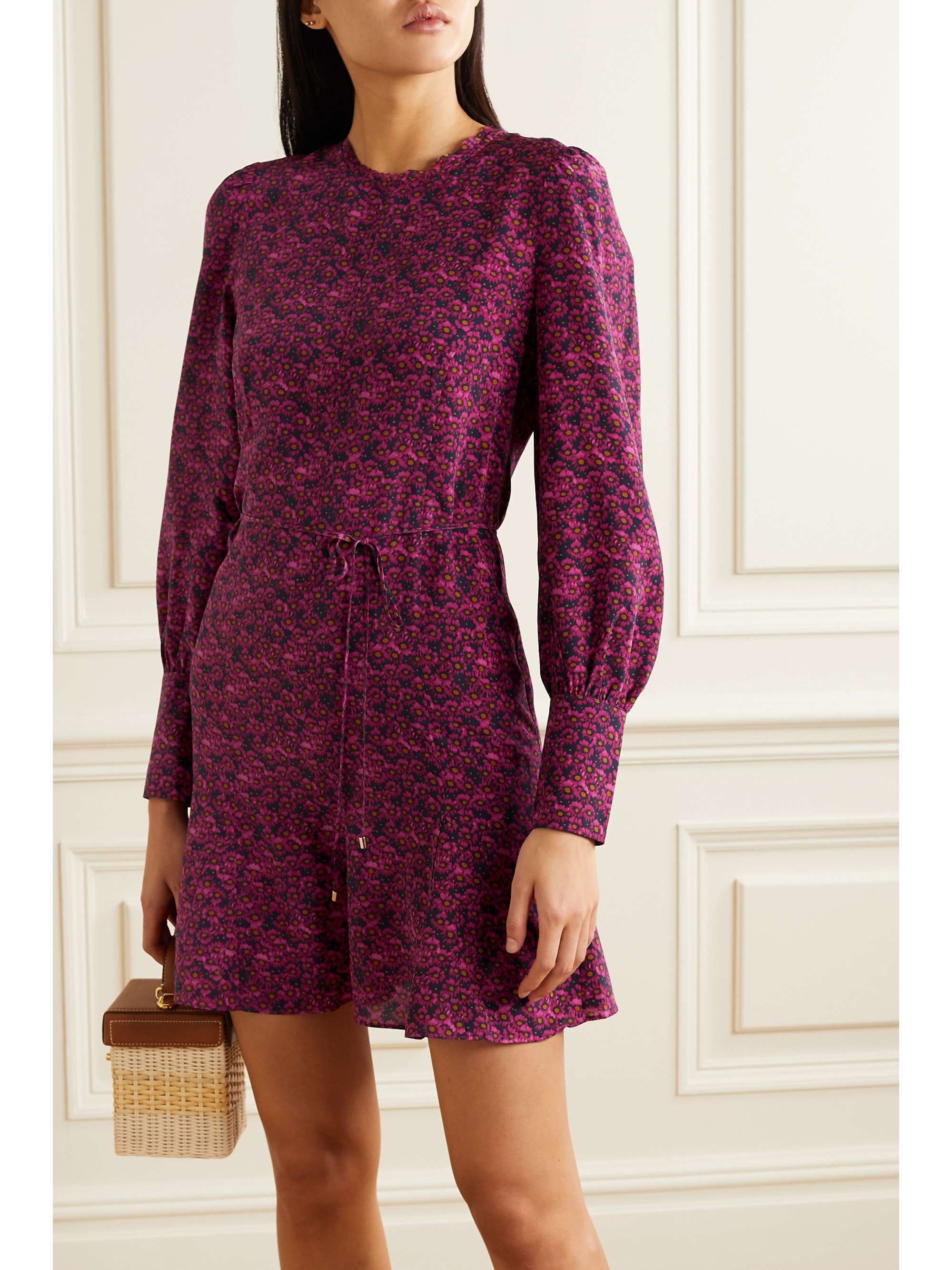 REBECCA VALLANCE Rosette belted floral-print silk crepe de chine mini dress