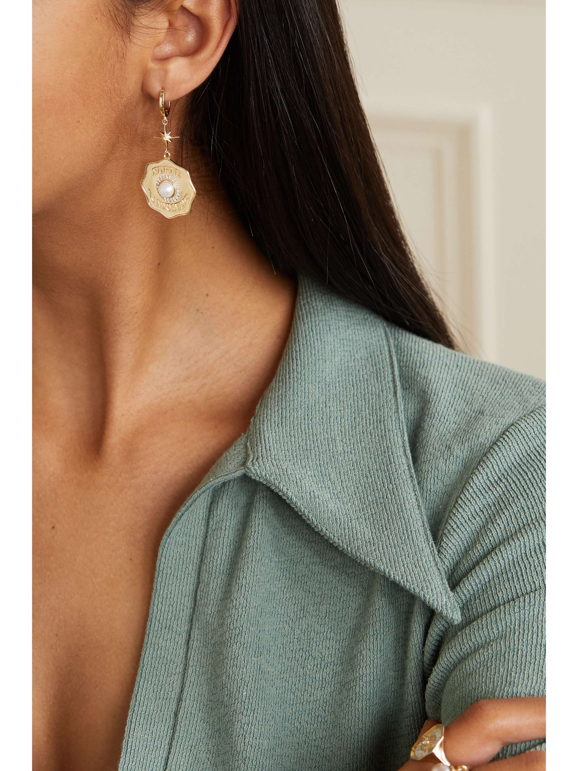 MARLO LAZ Porte Bonheur Coin 14-karat gold, diamond and pearl earrings