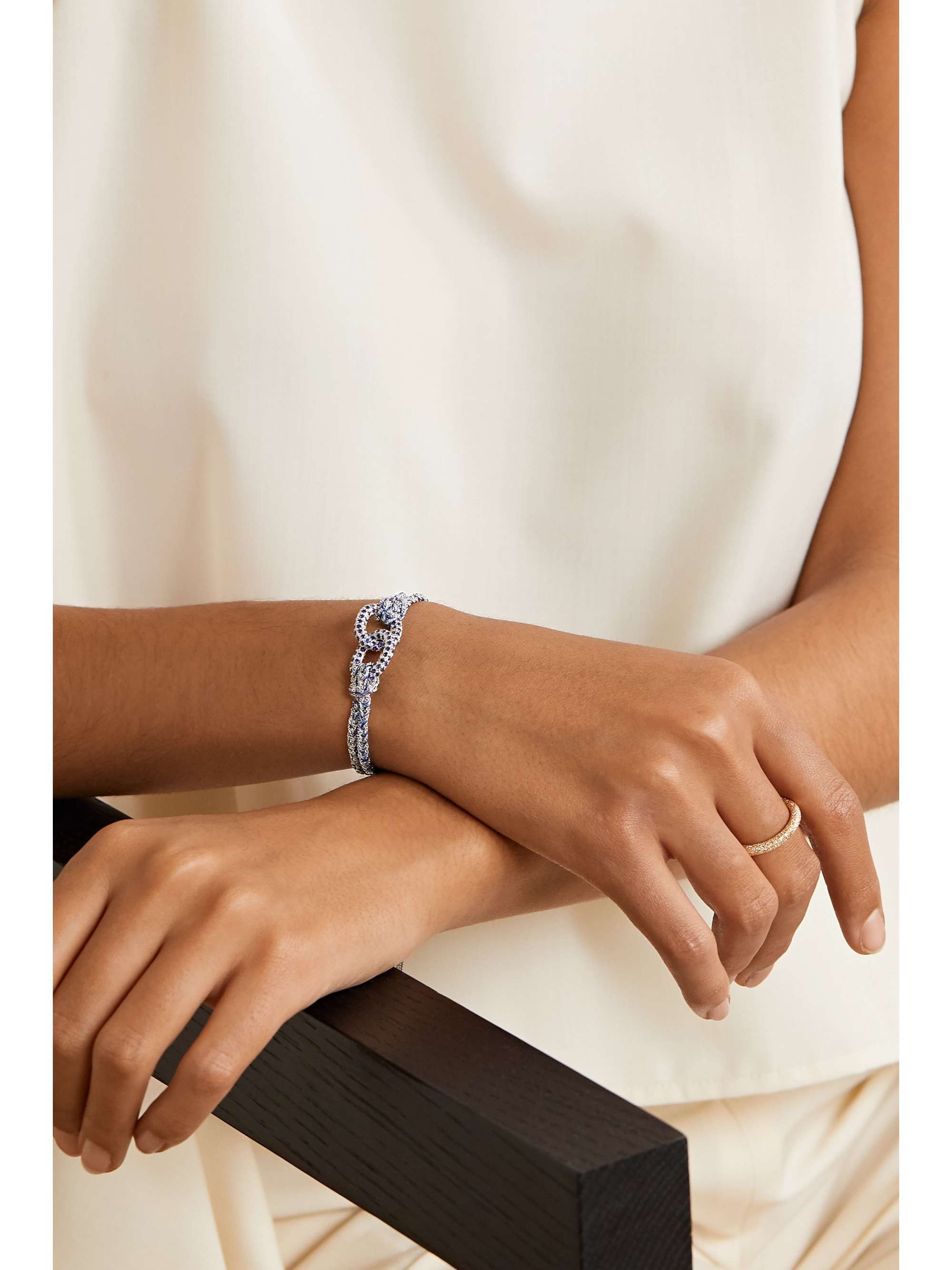 CAROLINA BUCCI Balance Lucky 18-karat white gold, sapphire and silk bracelet