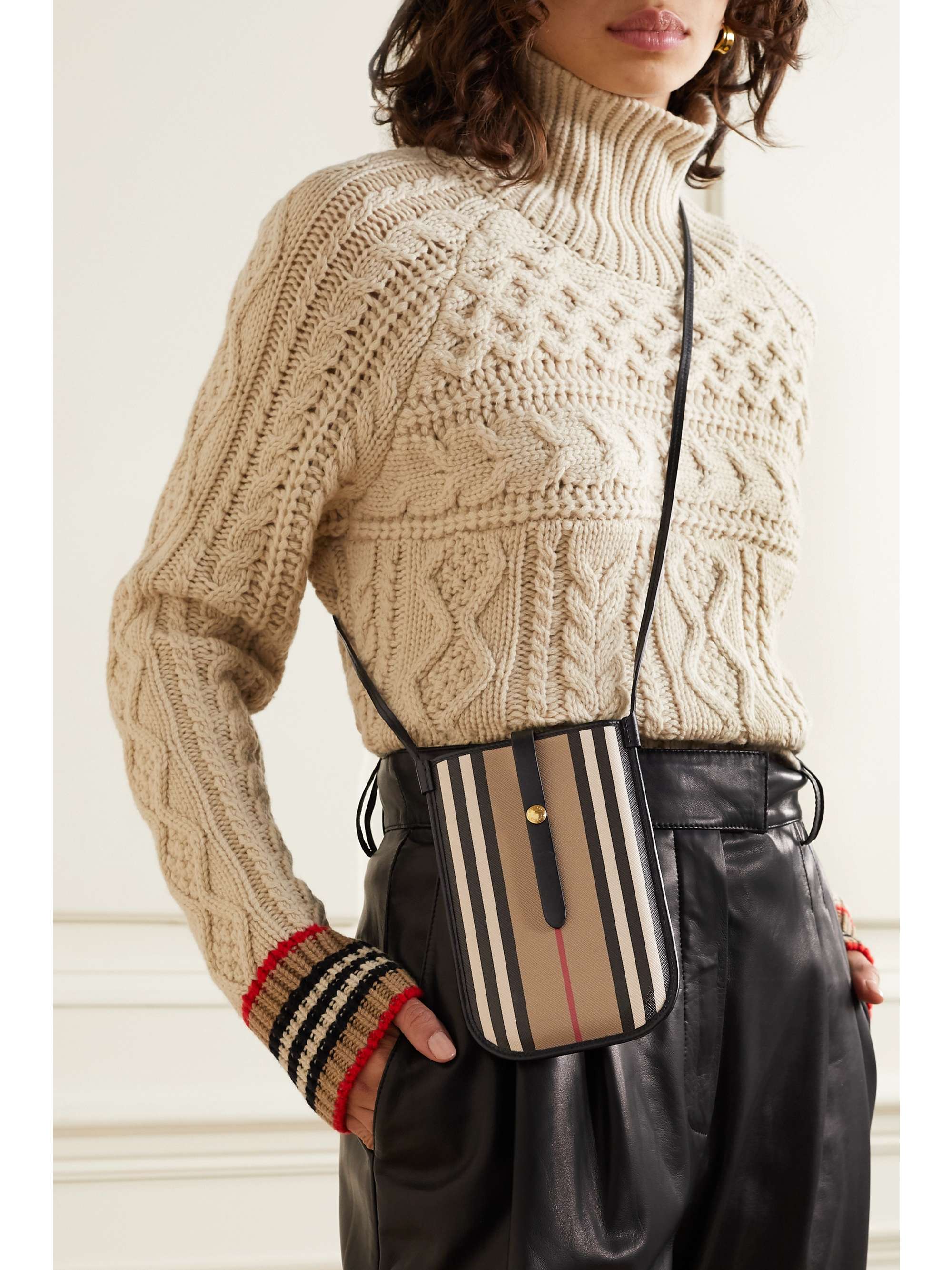 BURBERRY Striped leather-trimmed coated-canvas shoulder bag