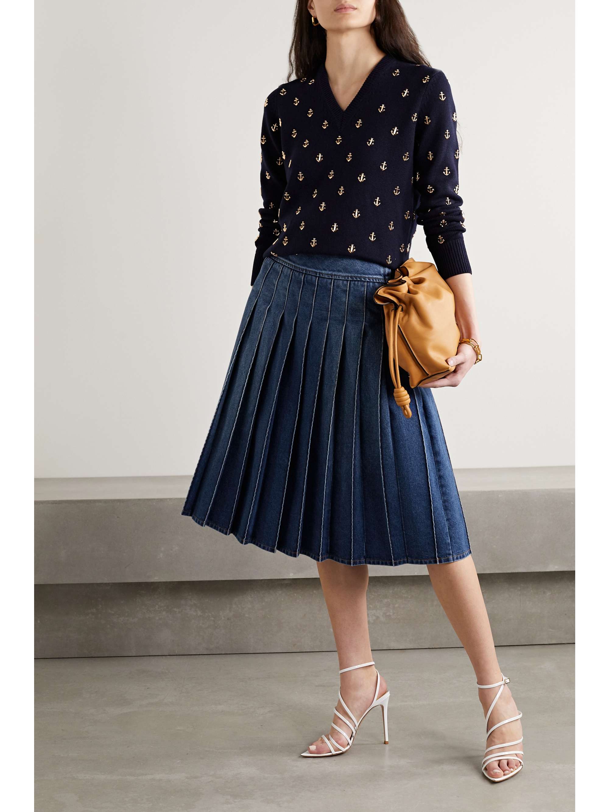 MICHAEL KORS COLLECTION Pleated denim midi skirt