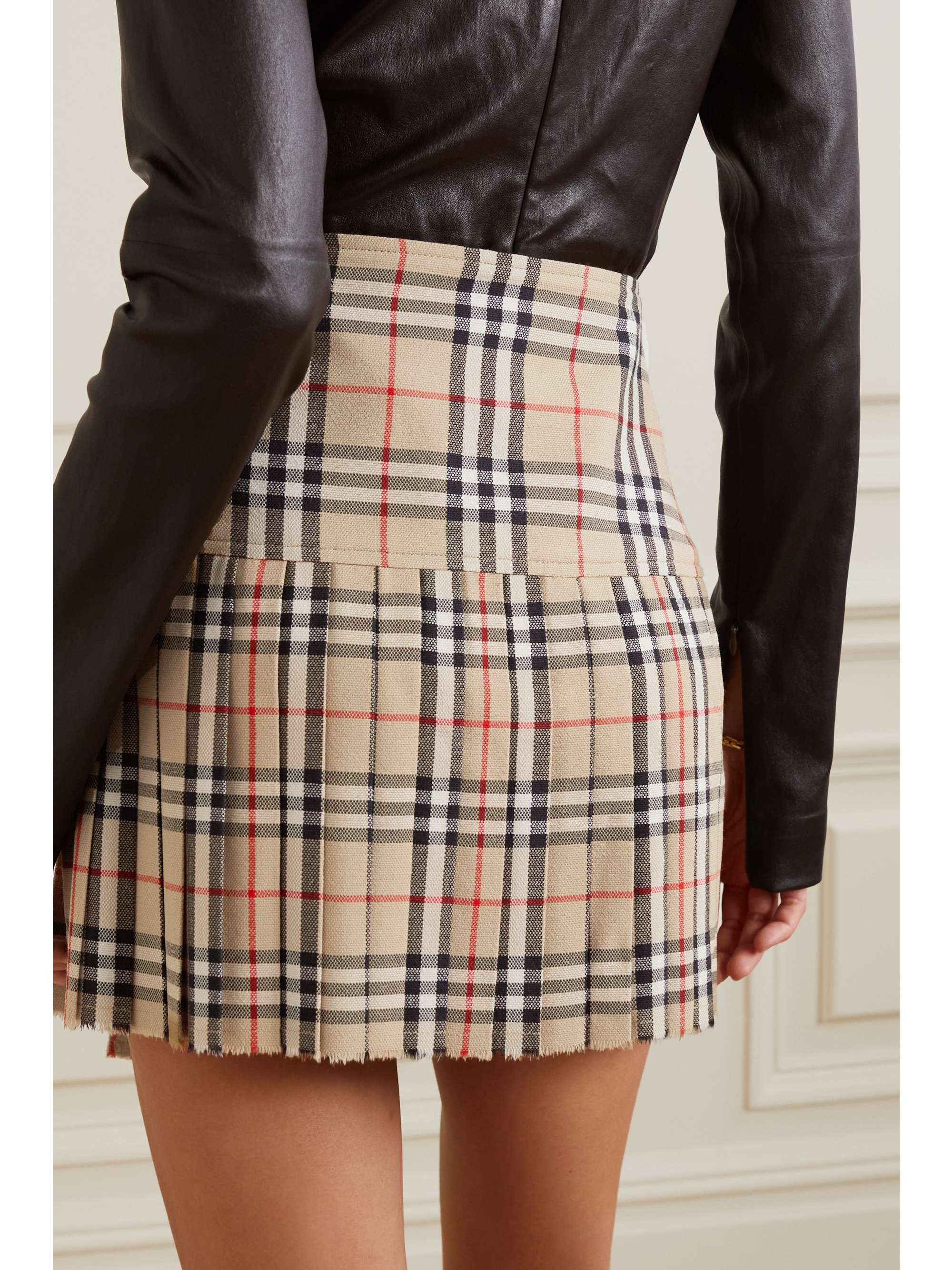 BURBERRY Pleated checked wool mini skirt