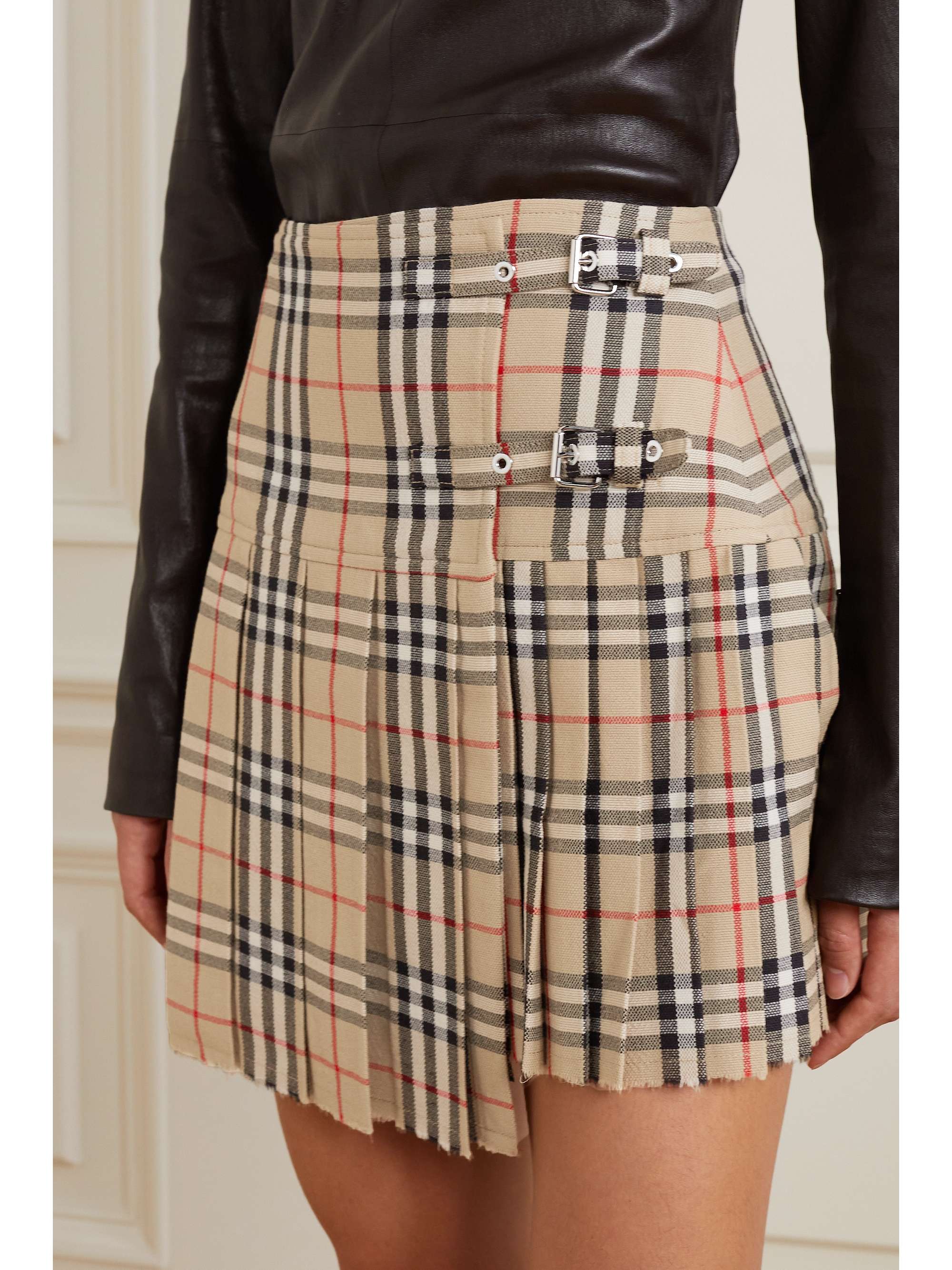 BURBERRY Pleated checked wool mini skirt