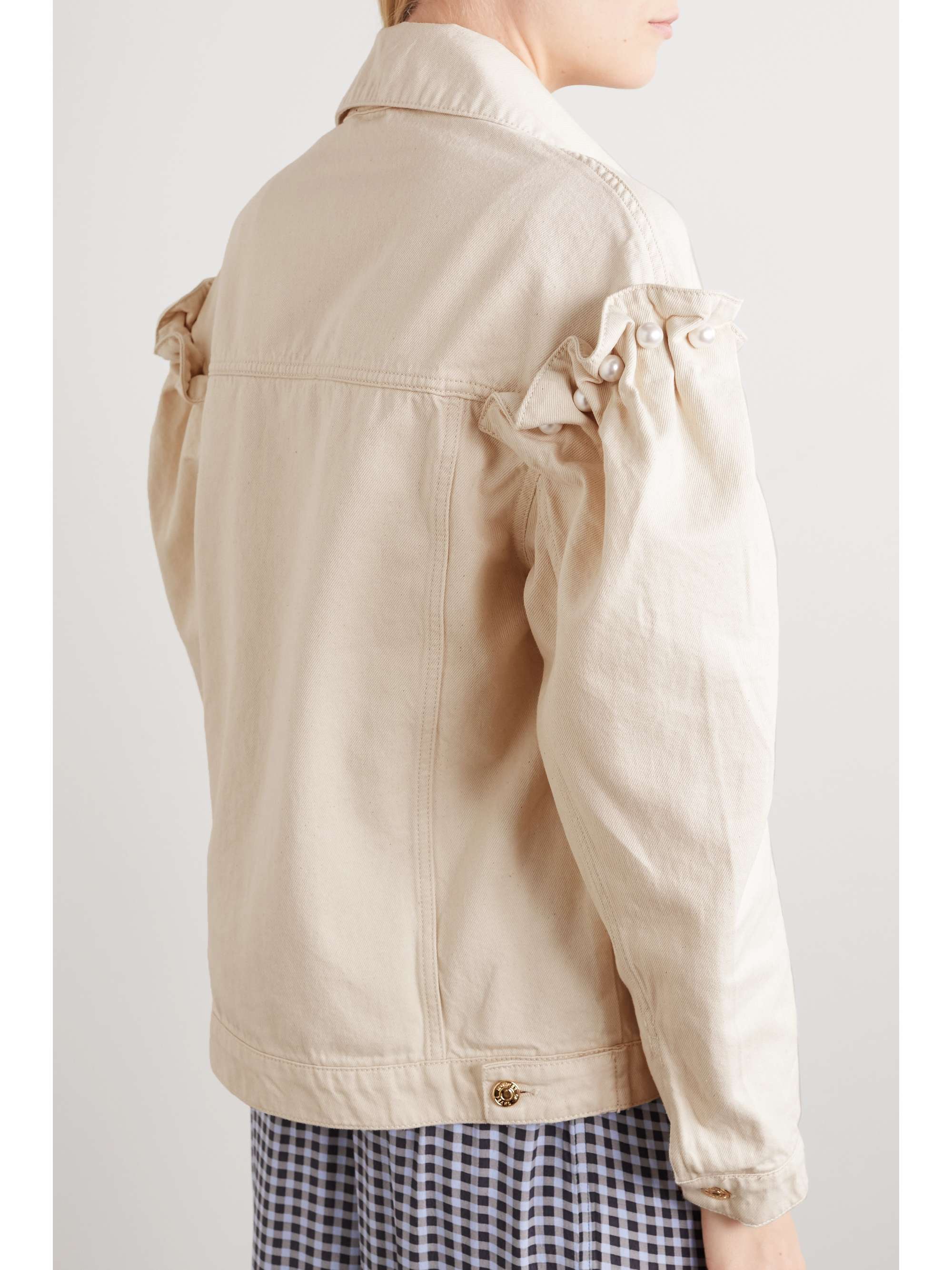 MOTHER OF PEARL + NET SUSTAIN Brennon faux pearl-embellished ruffled organic denim jacket