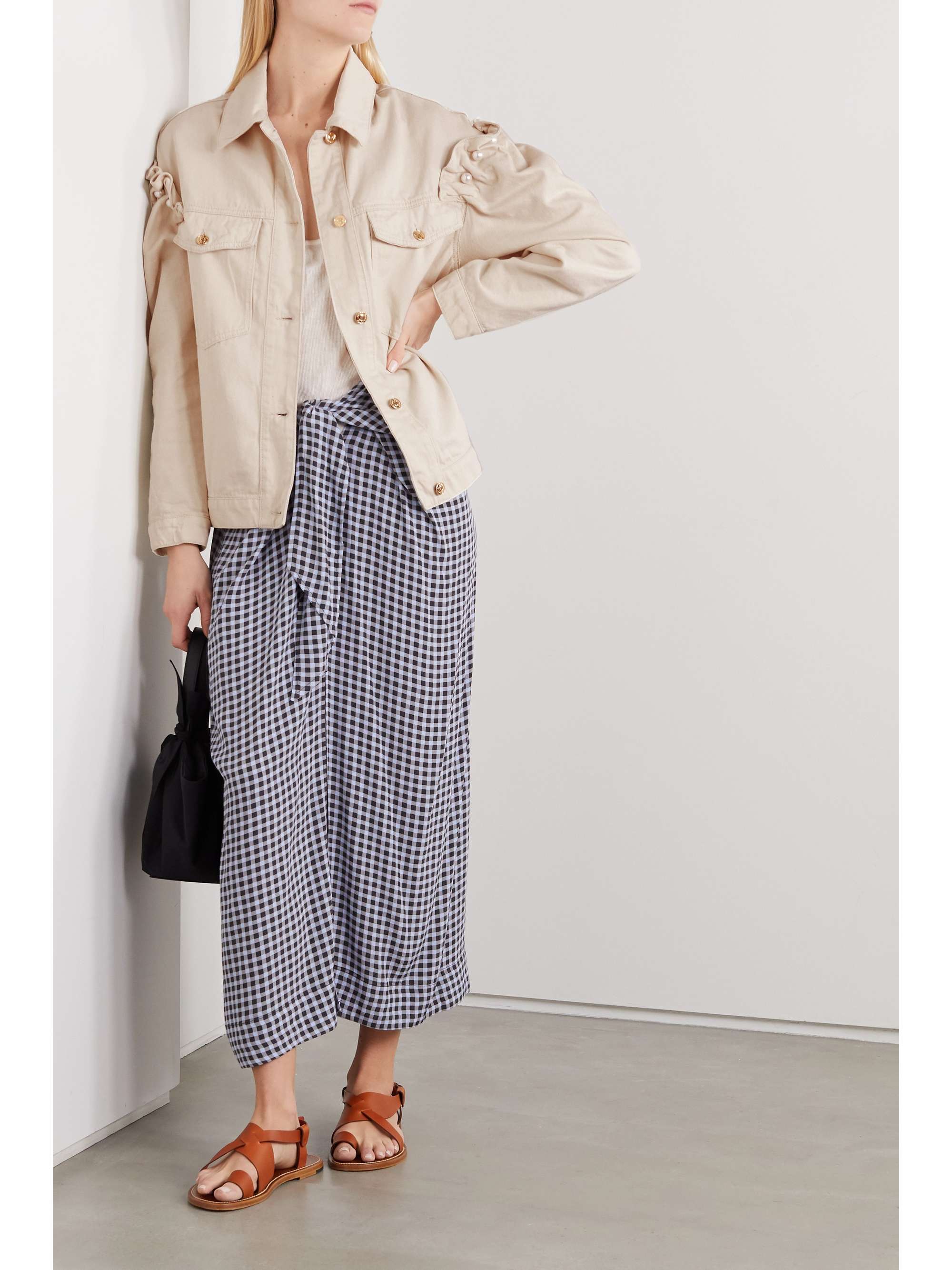 MOTHER OF PEARL + NET SUSTAIN Brennon faux pearl-embellished ruffled organic denim jacket