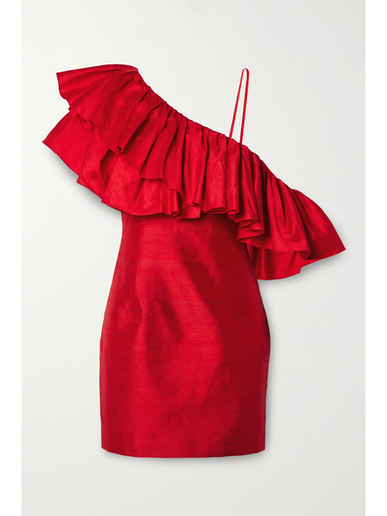 Rasario Ruffled One-shoulder Silk-shantung Mini Dress In Red | ModeSens