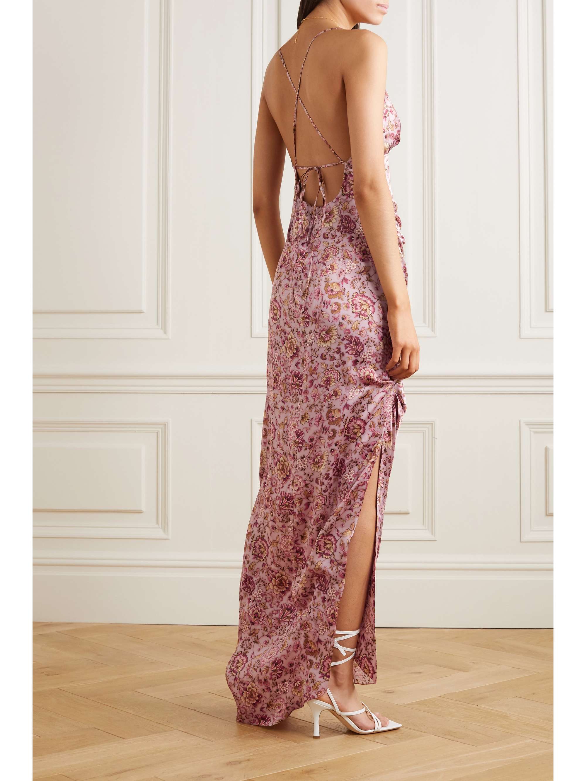 RAQUEL DINIZ Kate ruched floral-print silk-satin maxi dress