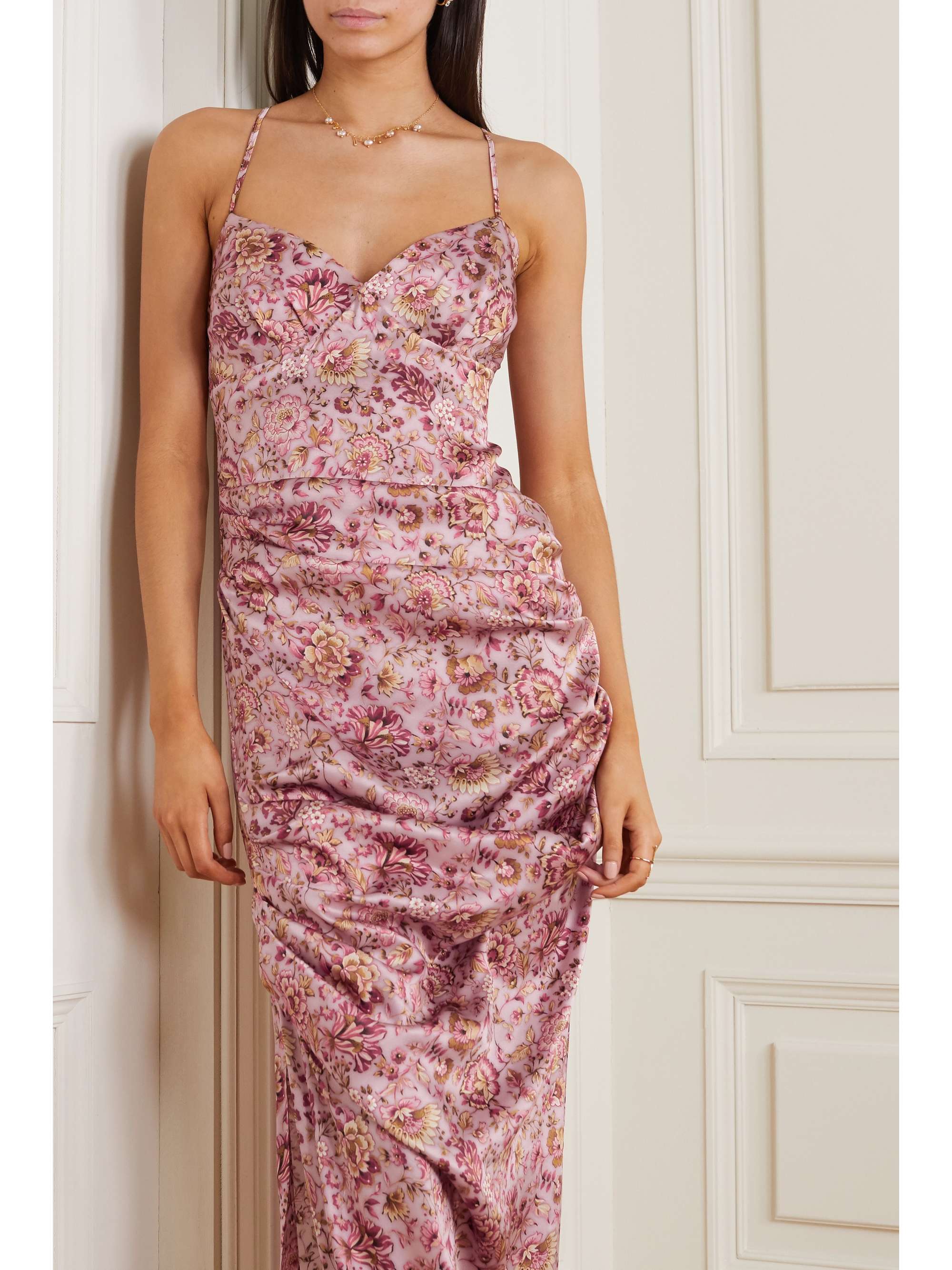 RAQUEL DINIZ Kate ruched floral-print silk-satin maxi dress