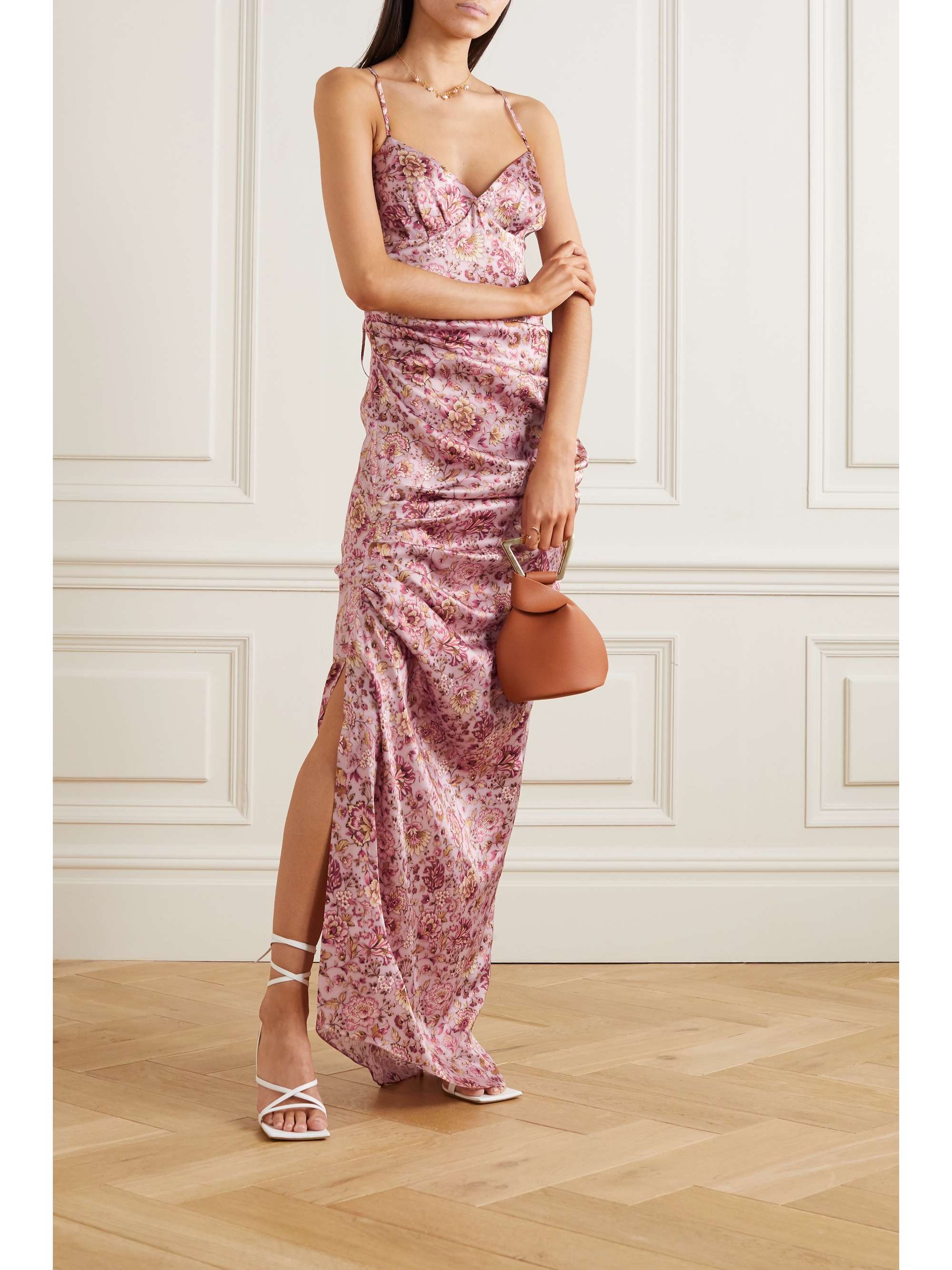 RAQUEL DINIZ Kate ruched floral-print silk-satin maxi dress