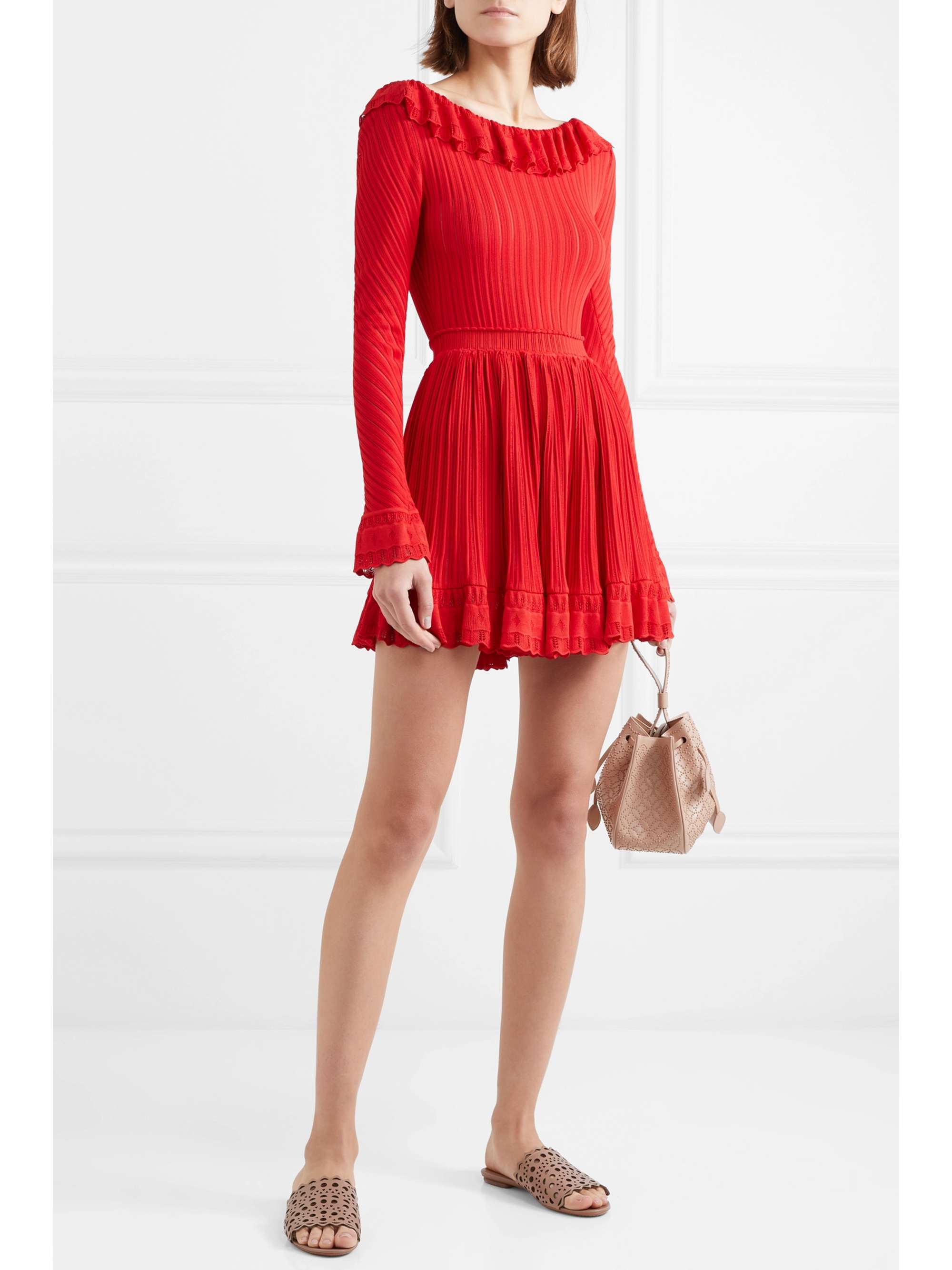 Red Ruffled stretch-knit mini dress ...