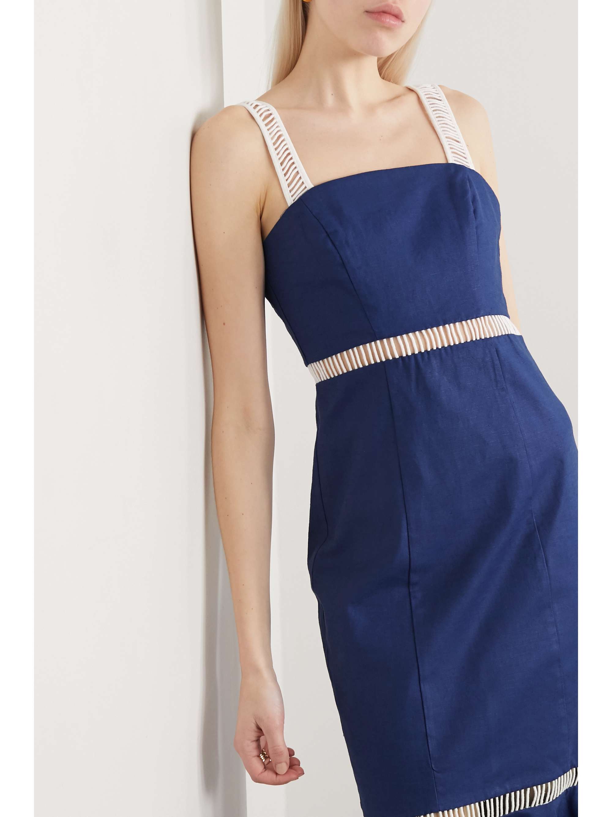 STAUD Lychee crochet-paneled linen-blend midi dress