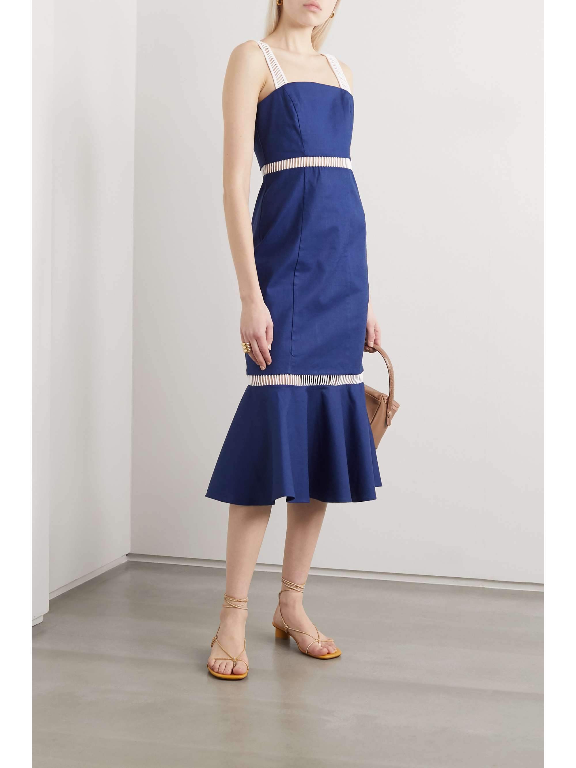 STAUD Lychee crochet-paneled linen-blend midi dress