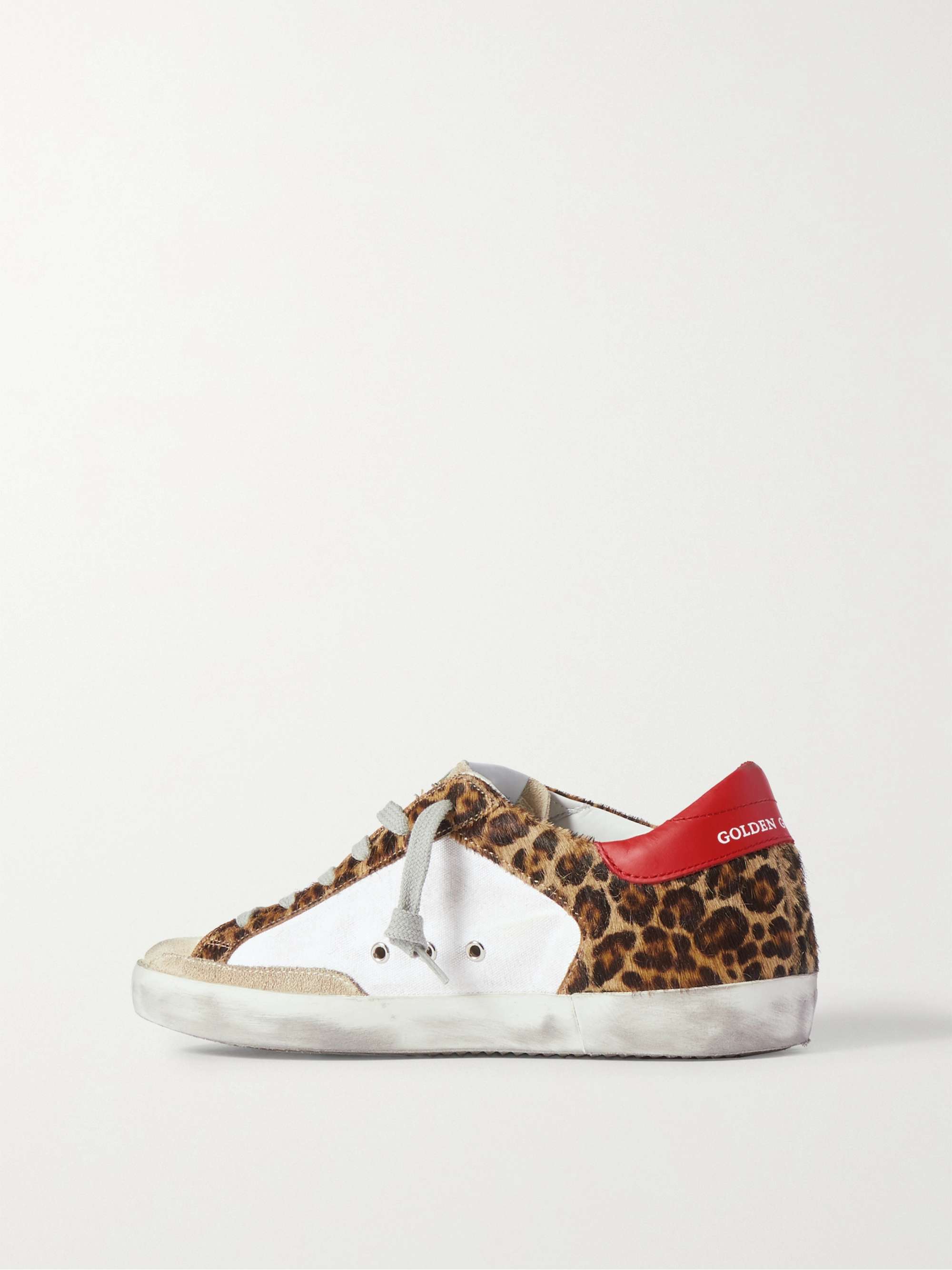 GOLDEN GOOSE Superstar distressed leopard-print calf hair, leather and suede sneakers