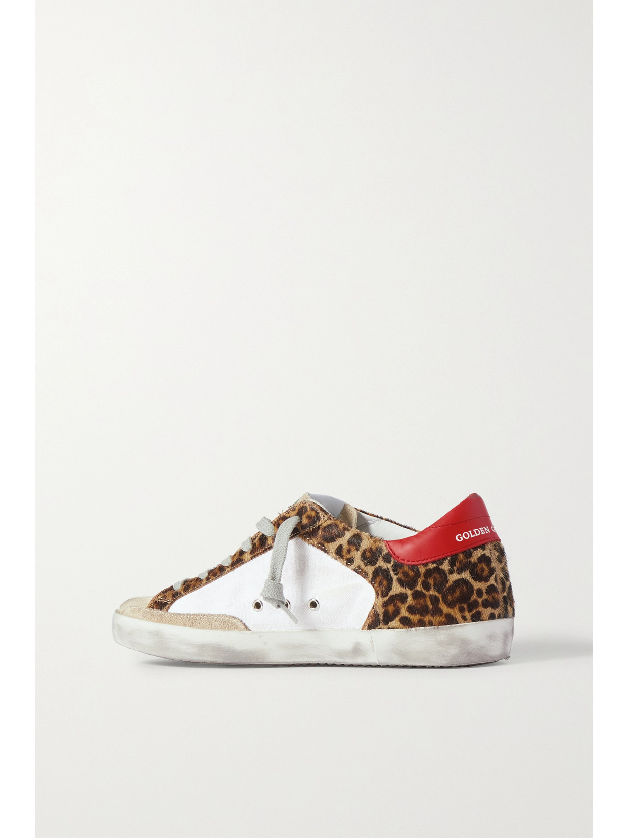 Golden Goose Superstar Distressed Leopard-print Calf Hair, Leather And Suede Sneakers In White