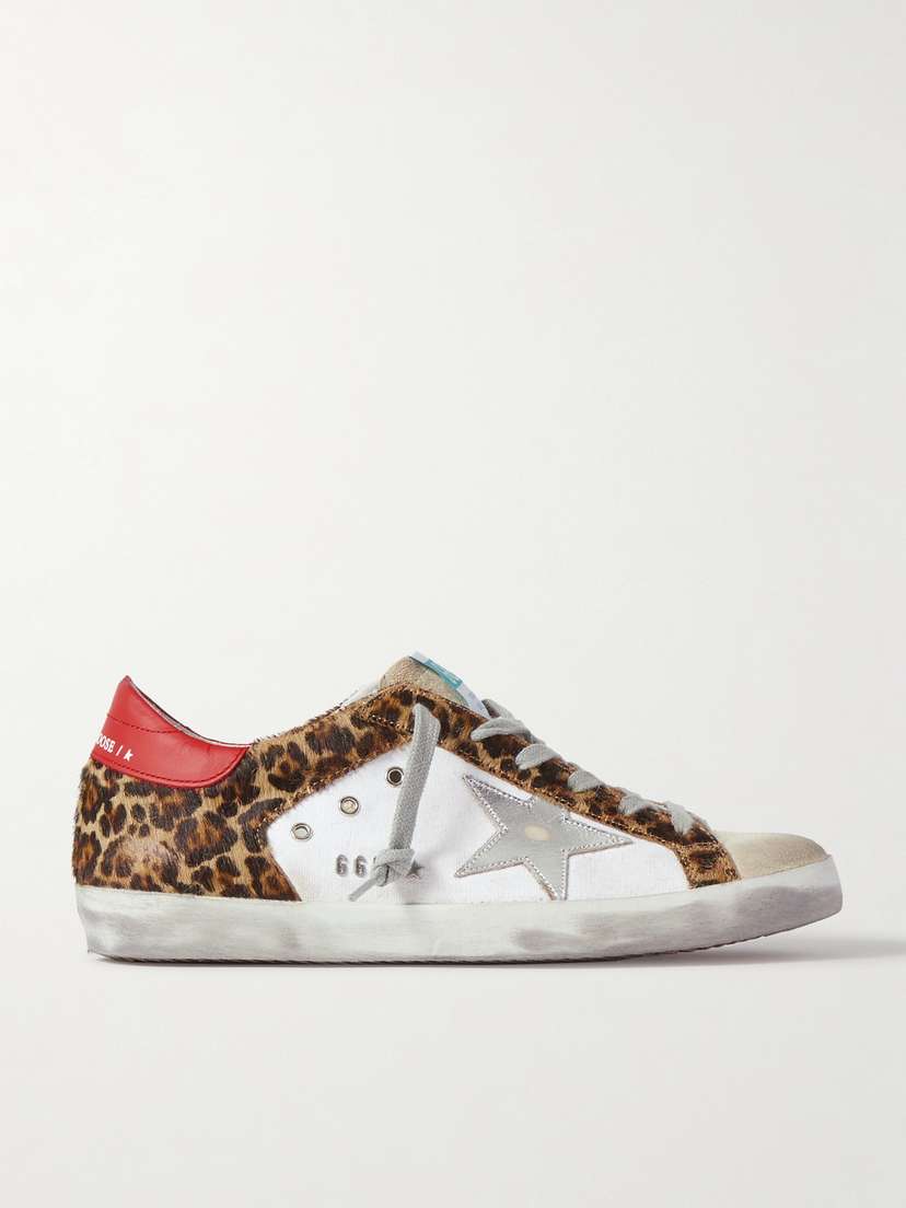 Golden Goose Superstar Distressed Leopard-print Calf Hair, Leather And Suede Sneakers