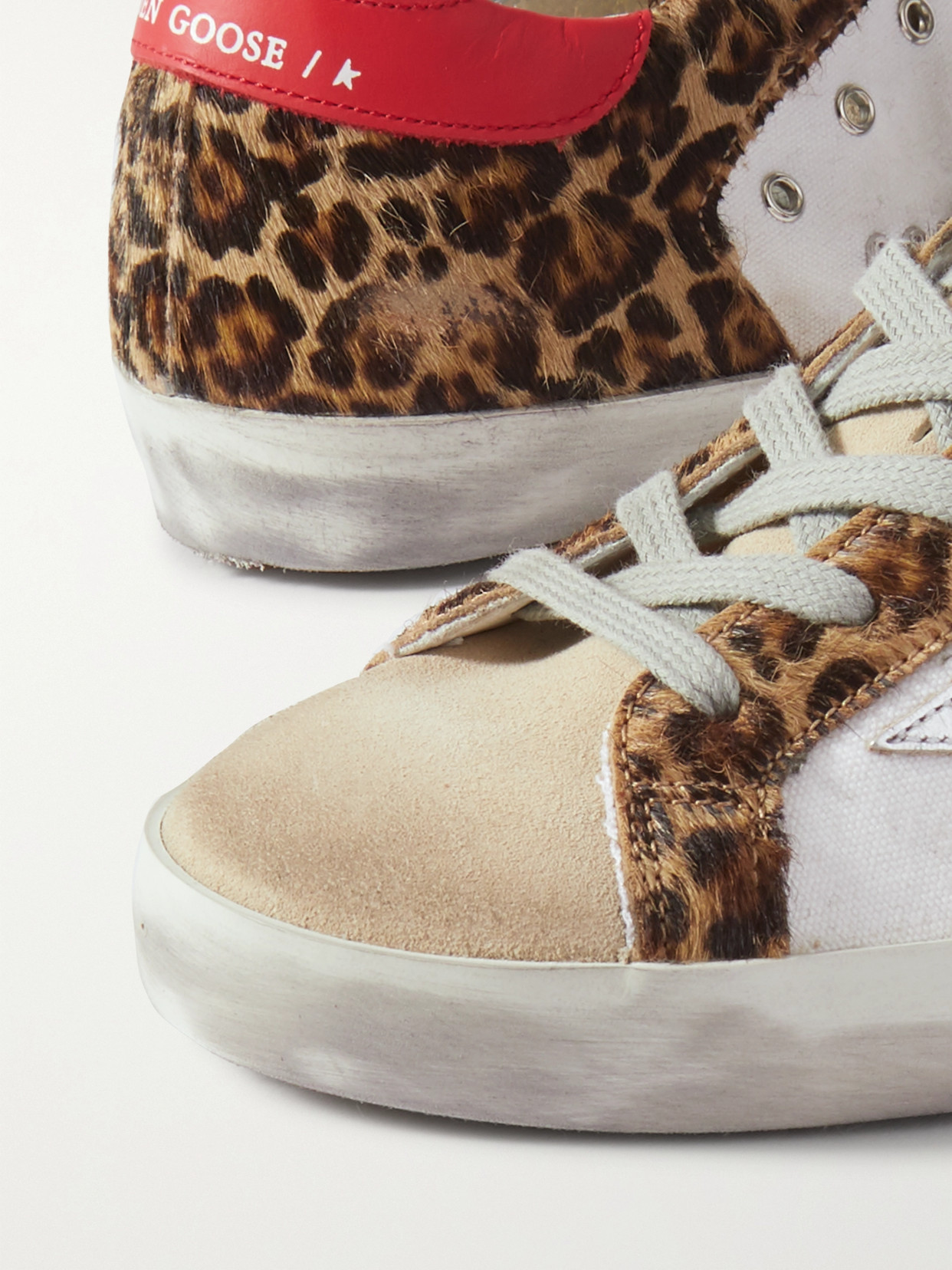 Golden Goose Superstar Distressed Leopard-print Calf Hair, Leather And Suede Sneakers In White