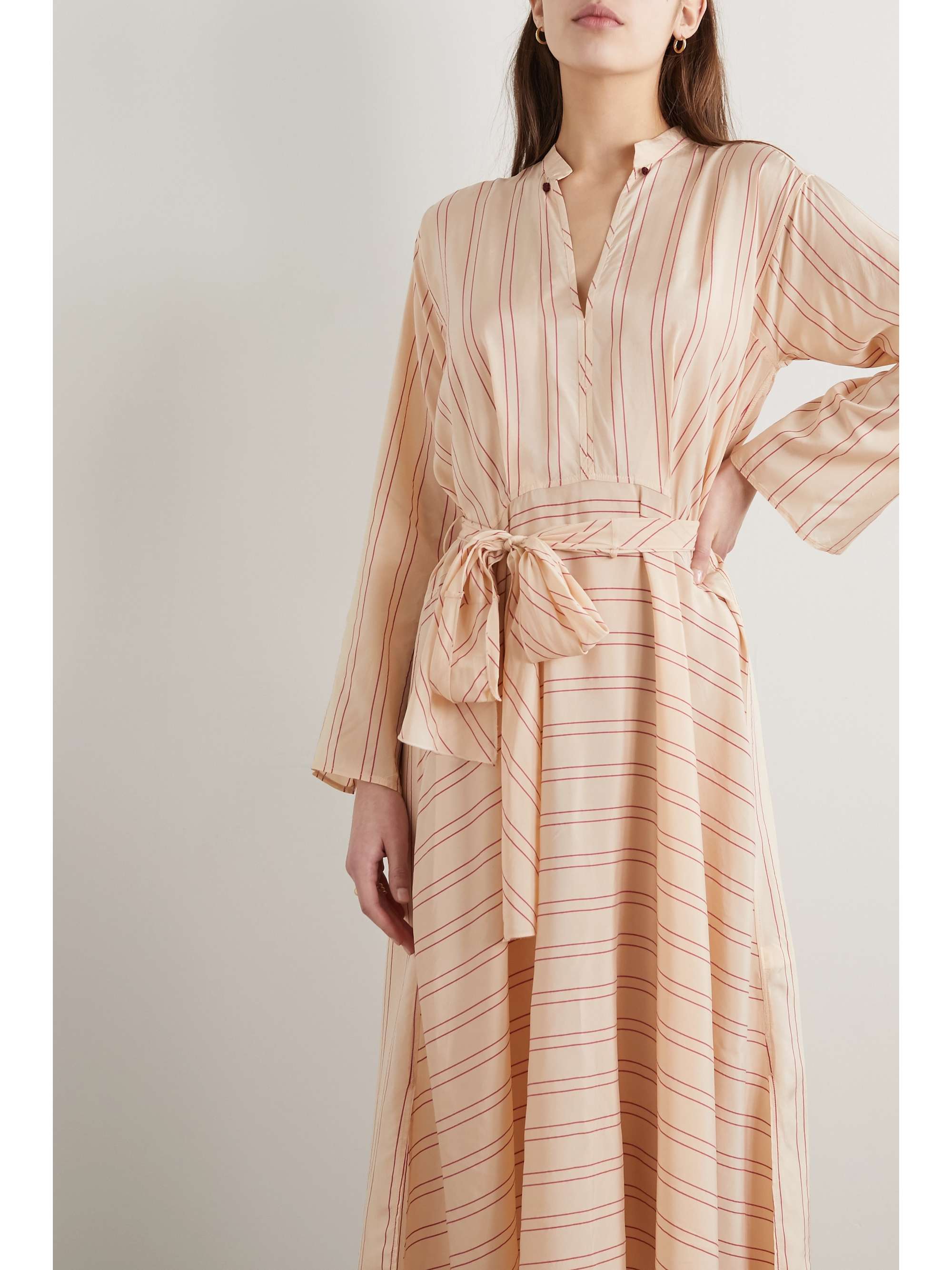 FORTE_FORTE Belted striped satin midi dress