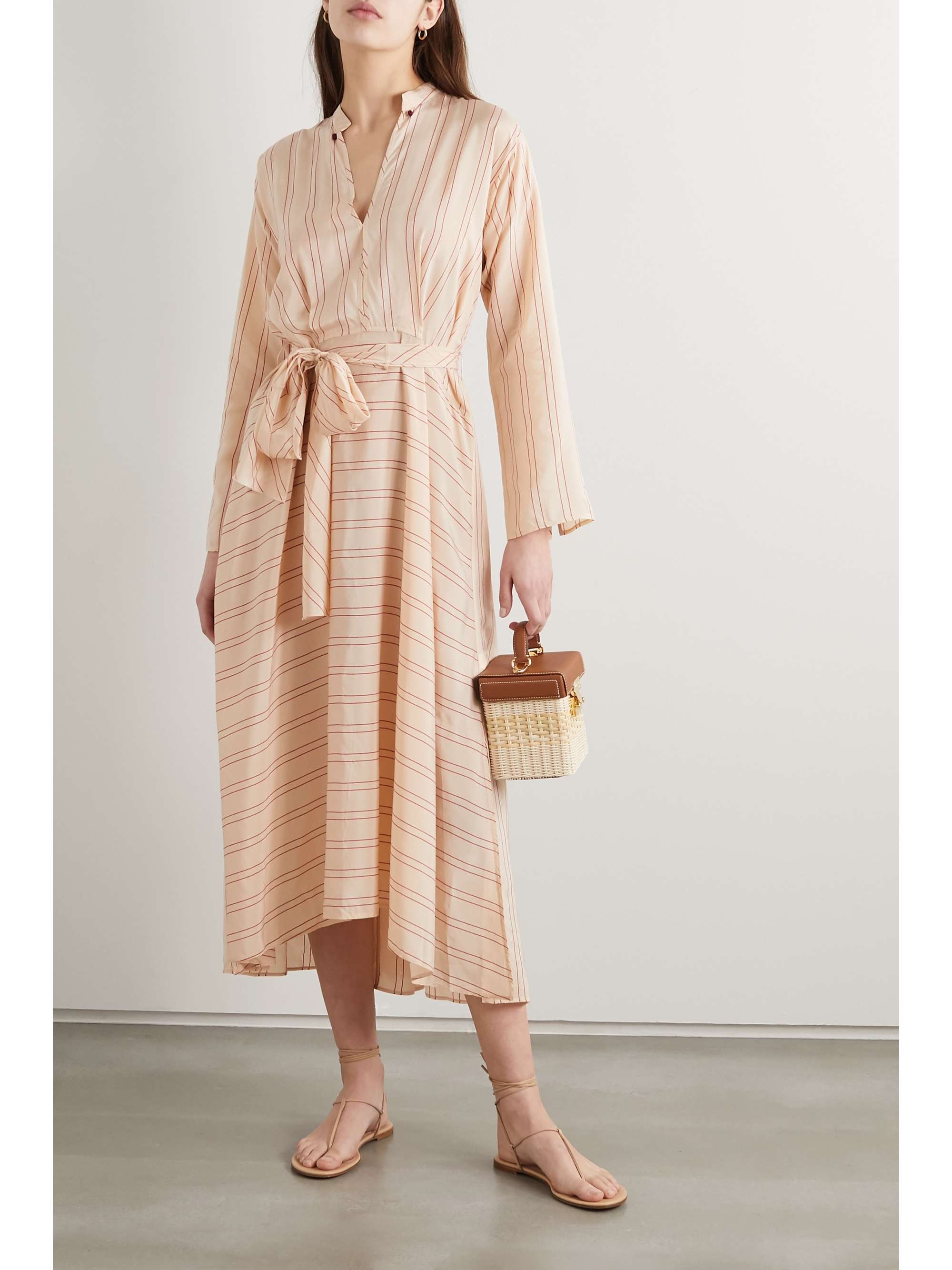 FORTE_FORTE Belted striped satin midi dress